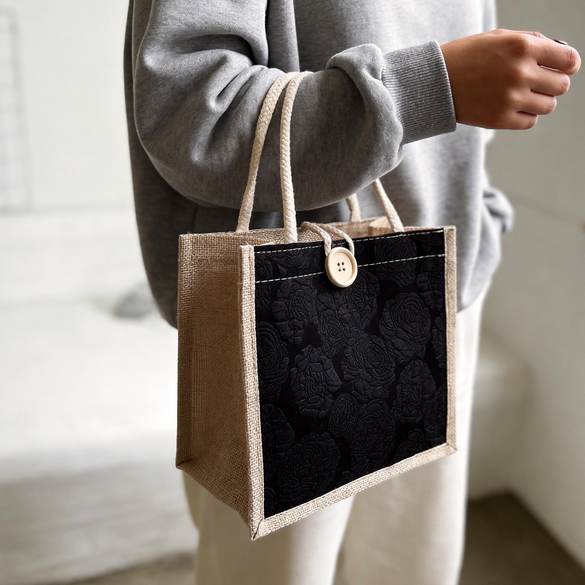 Small Burlap Tote Bag for Women Textured Floral Jacquard Handbag Eco Friendly Shopper Woven Market Purse Bridesmaid Proposal Gift Bag view 2
