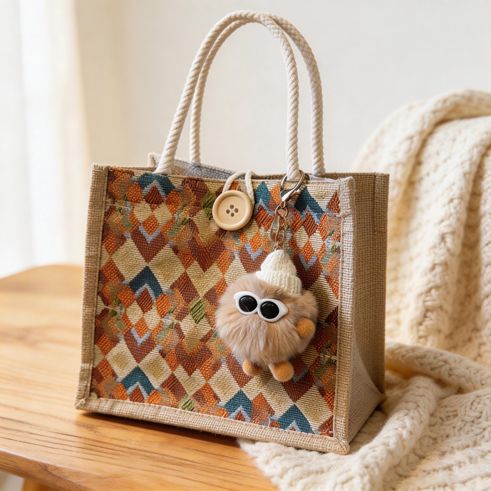 Boho Geometric Mini Tote, Woven Jute Handbag With Button, Everyday Reusable Lunch Bag, Cute Top Handle Purse, Mothers Day Gift for Mom view 5