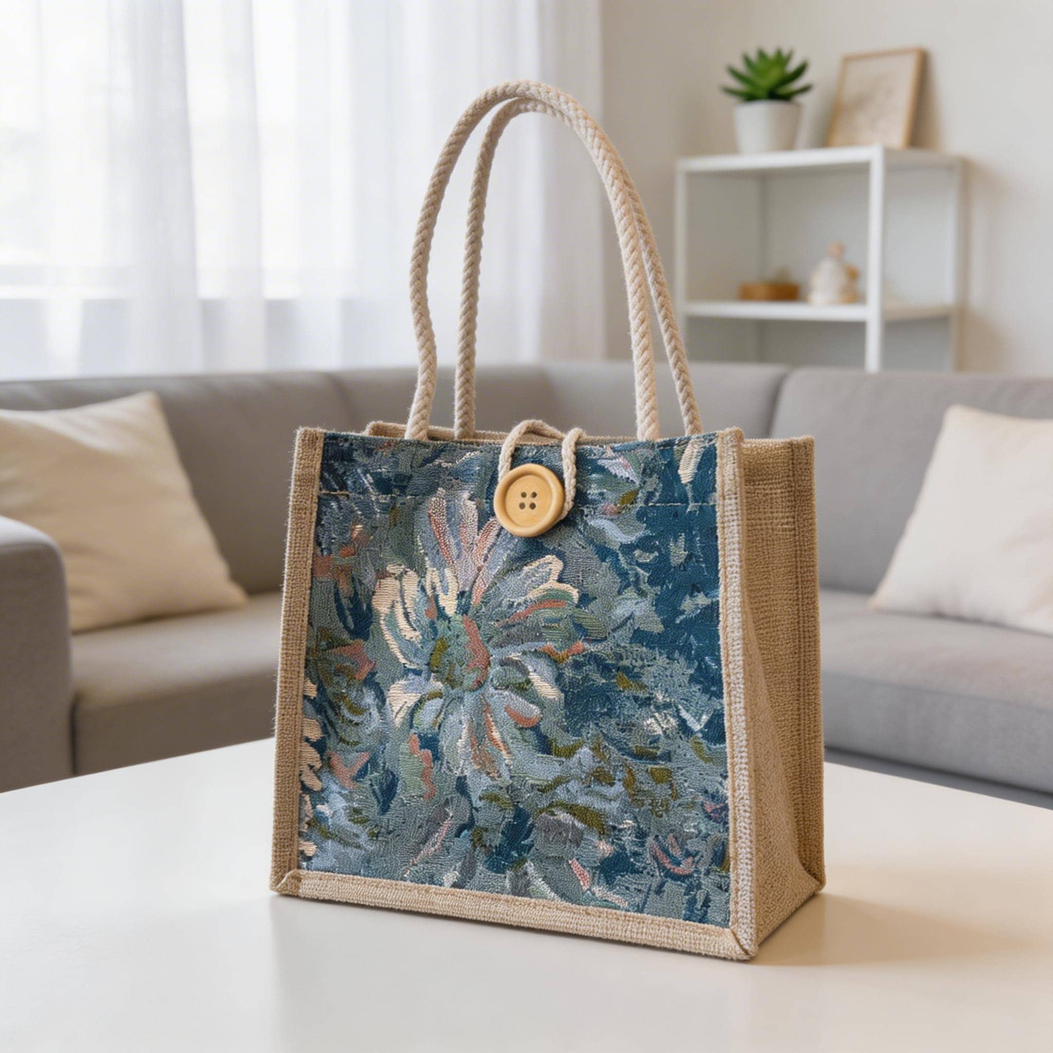 Vintage Tapestry Floral Jute Tote Bag, Woven Jacquard Canvas Purse, Rustic Wooden Button Handbag, Small Everyday Burlap Bag,mothers Day Gift view 6