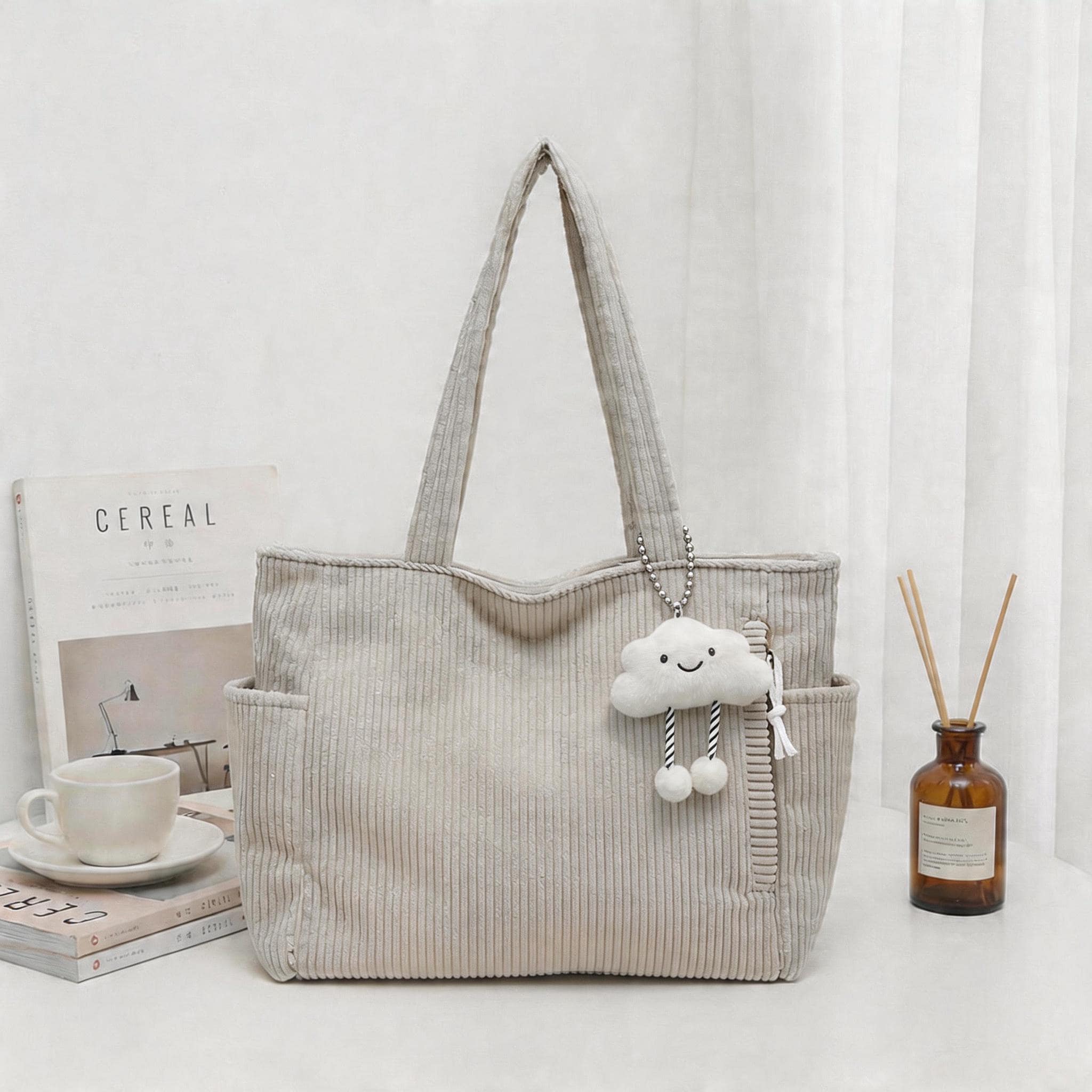 Soft Corduroy Shoulder Tote, Multi-pocket Large Handbag, Retro Daily Tote Bag, Perfect for School Work & Travel, Cute Cloud Accessory view 6