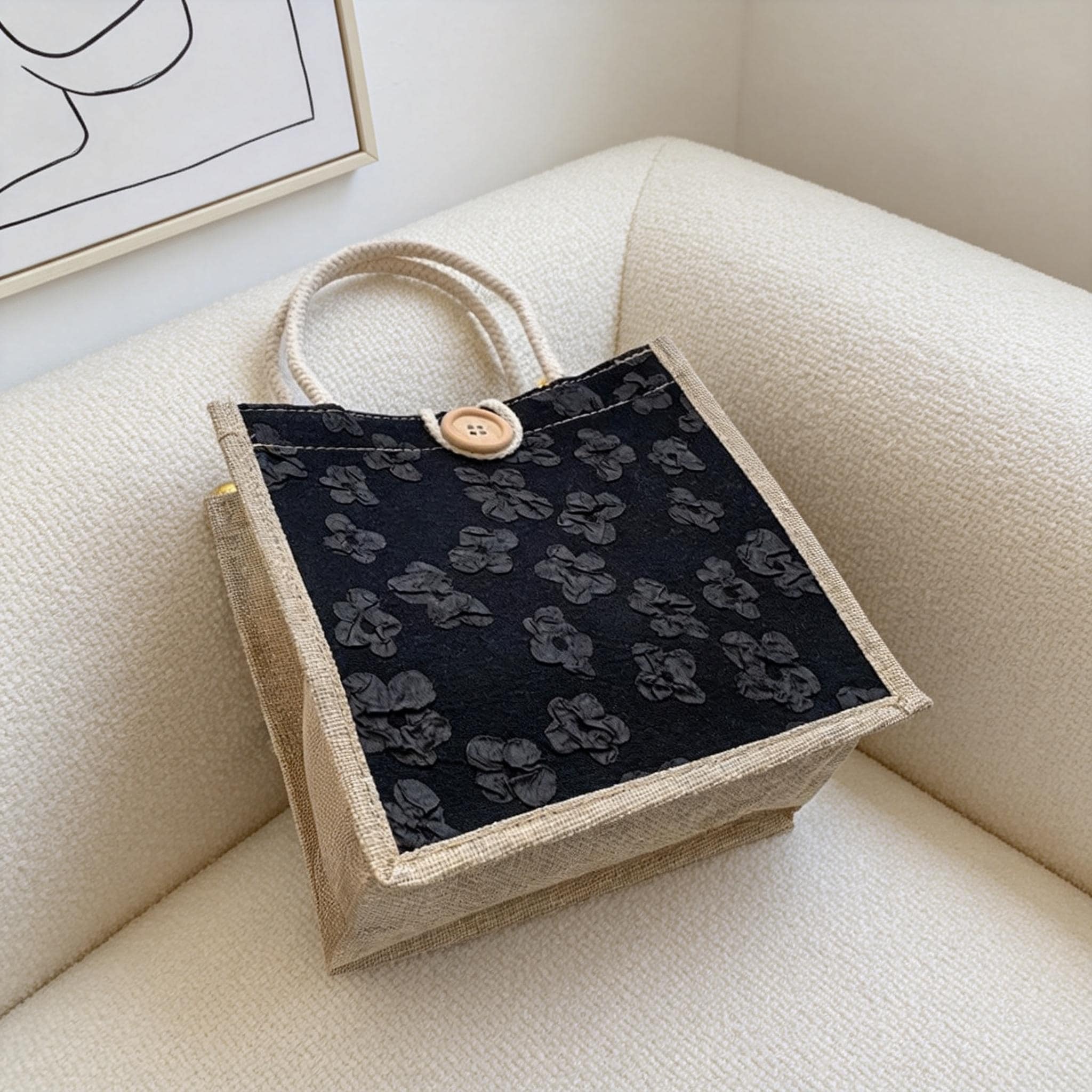 Small Burlap Lunch Tote With 3D Flowers, Everyday Jute Commute Purse, Natural Woven Bag, Reusable Bridesmaid Gift, Vintage Style Handbag view 4