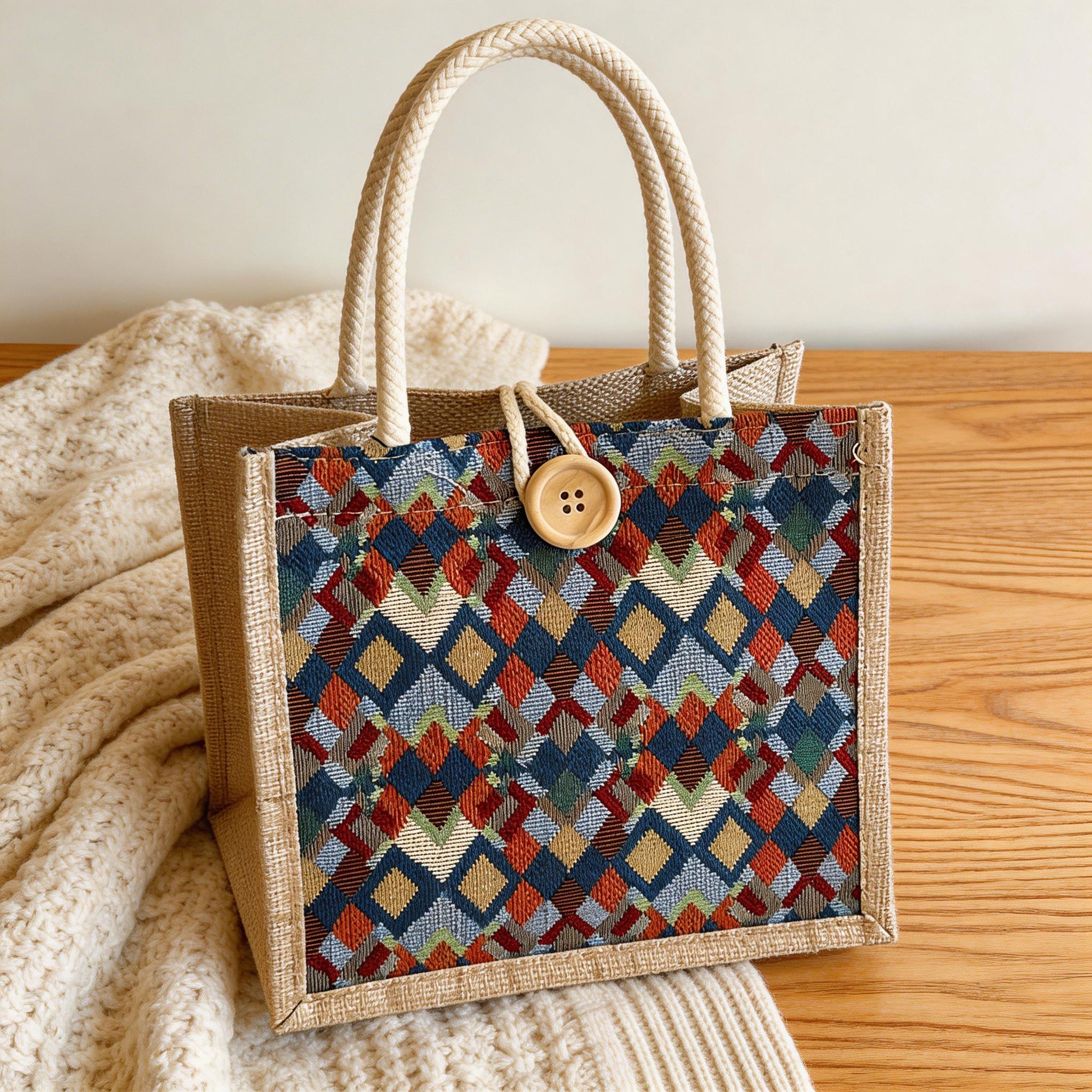 Boho Geometric Mini Tote, Woven Jute Handbag With Button, Everyday Reusable Lunch Bag, Cute Top Handle Purse, Mothers Day Gift for Mom view 3