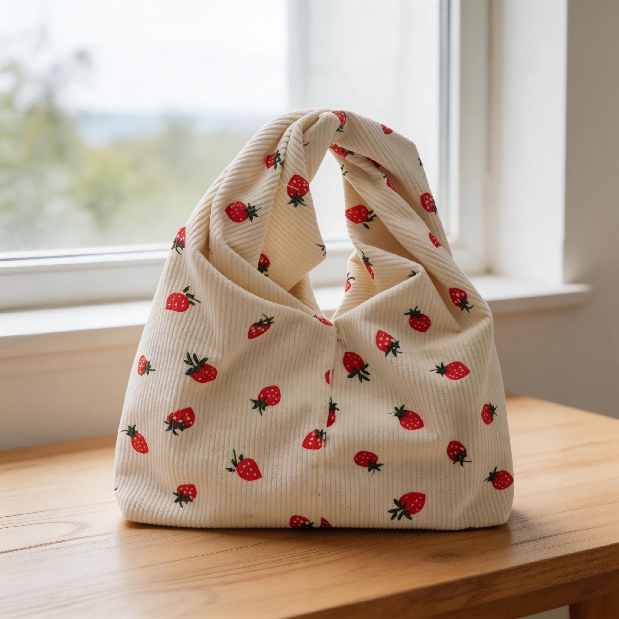 Corduroy Strawberry Knot Wrist Bag, Cute Mini Tote Bag for Women, Handmade Small Handbag, Casual Daily Pouch, Gift for Her view 8
