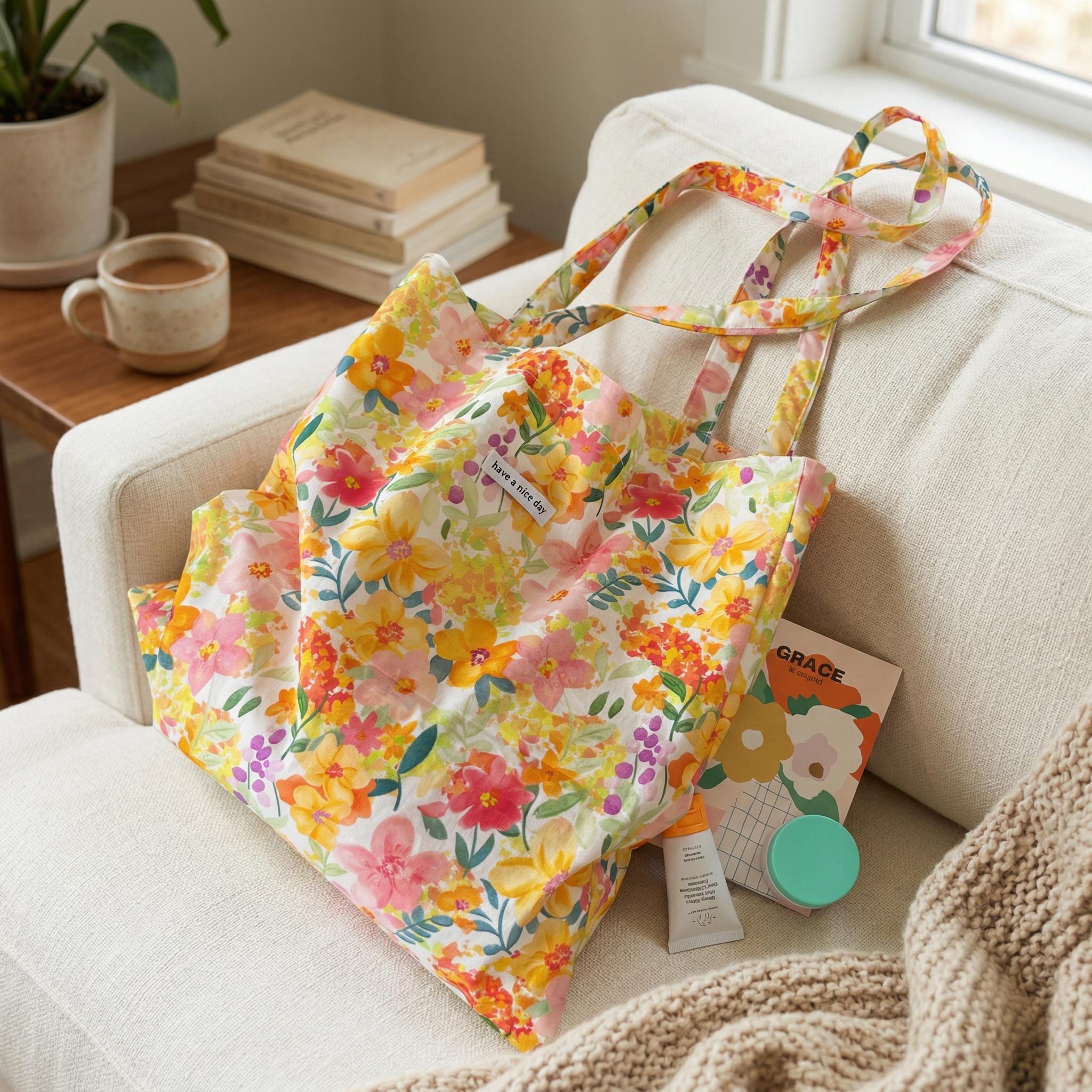 Large Floral Canvas Shoulder Bag, Perfect Work Tote, Cute Spring Gift for Her view 8