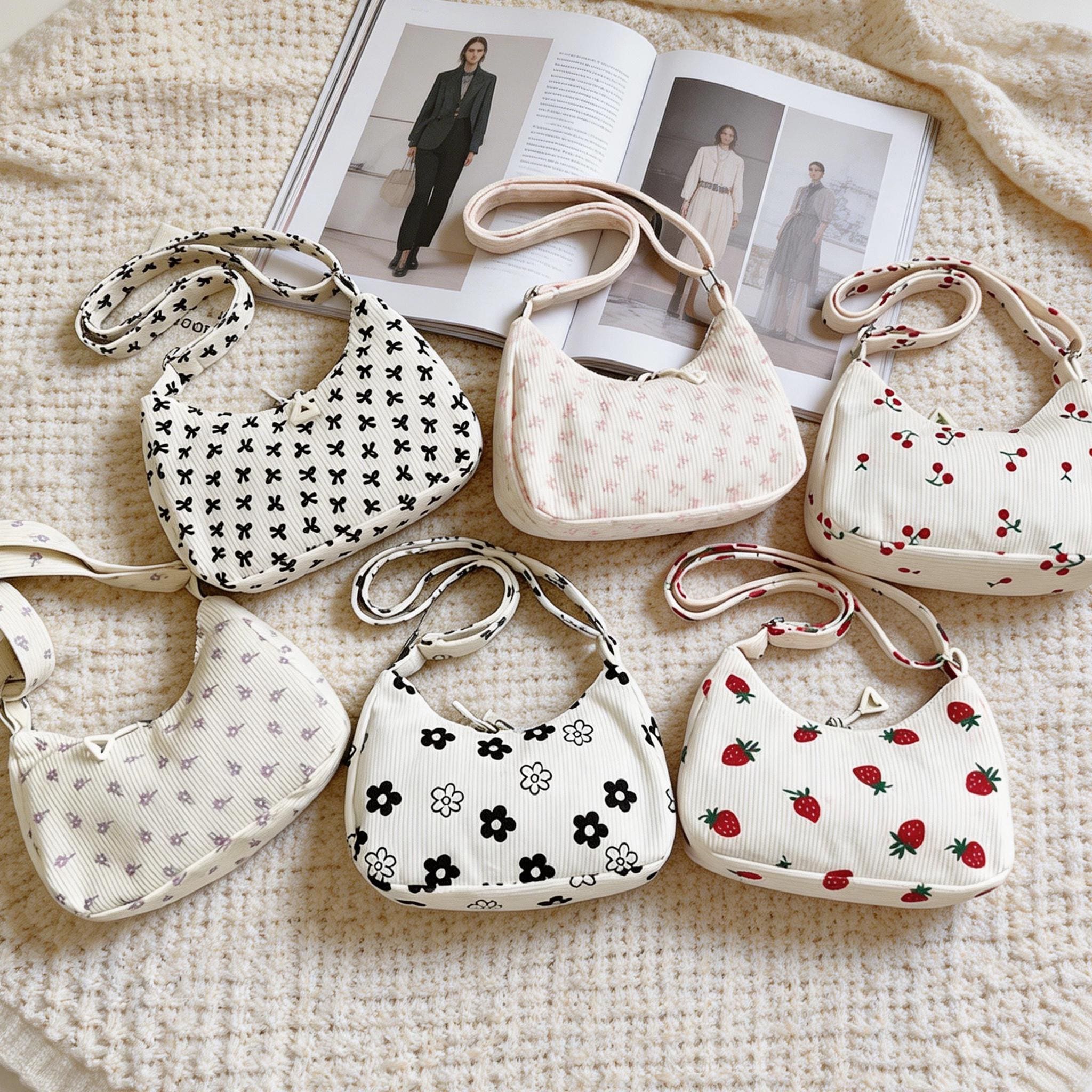 Cute Corduroy Shoulder Bag, Cherry Strawberry Print Hobo Bag, Retro Small Crossbody Bag, Y2K Aesthetic Purse for Women view 2