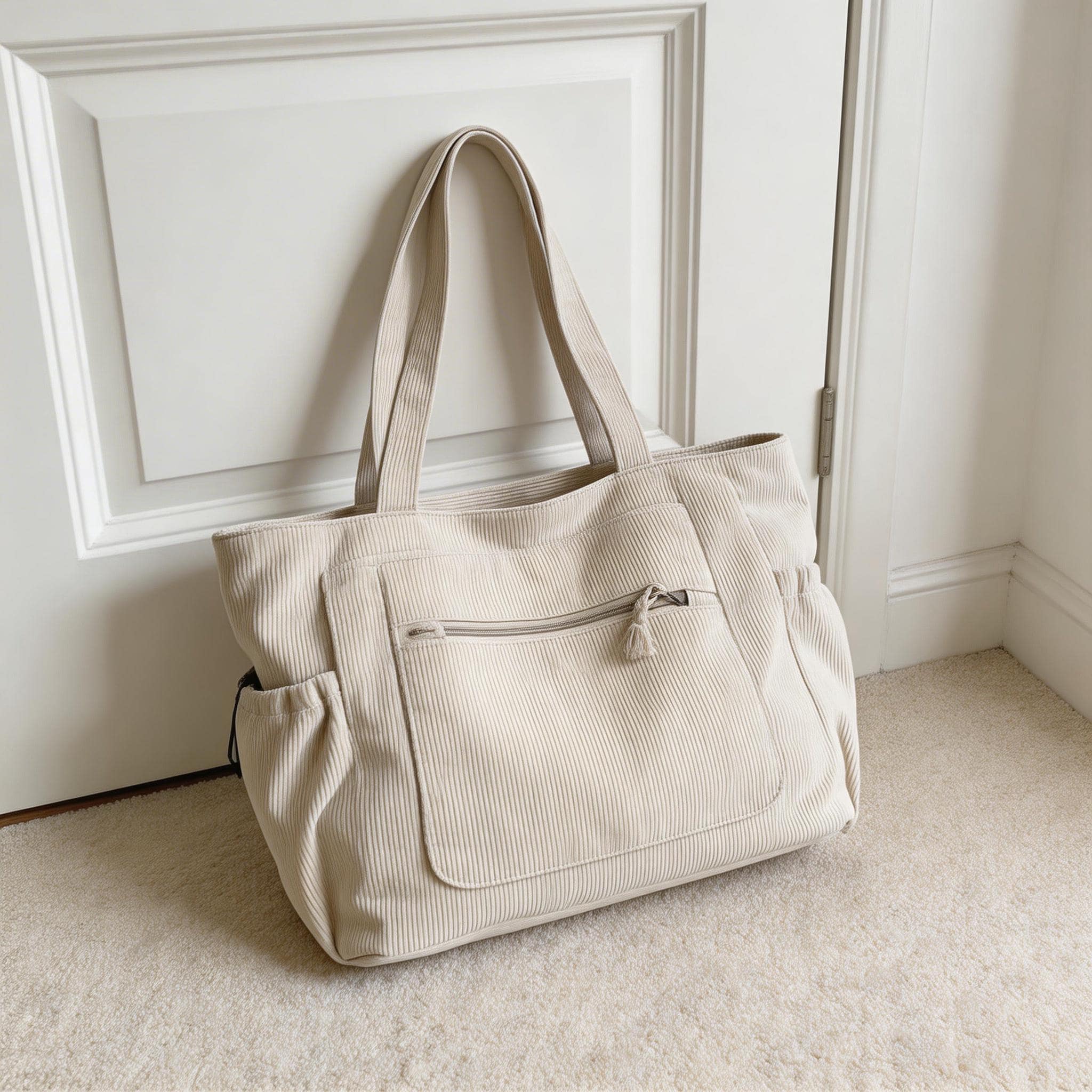 Large Corduroy Tote Bag, Retro Soft Casual Shoulder Bag With Pockets, Everyday Handbag for School Work Travel, Women’s Fashion Daily Purse view 7