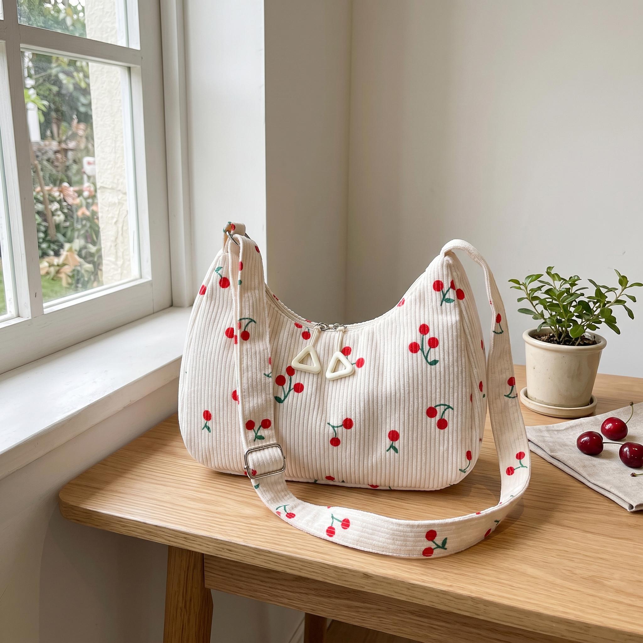 Cute Corduroy Shoulder Bag, Cherry Strawberry Print Hobo Bag, Retro Small Crossbody Bag, Y2K Aesthetic Purse for Women view 12