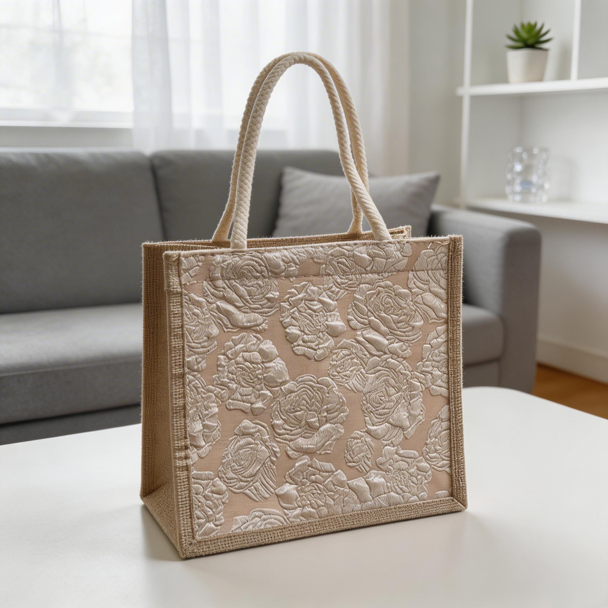 Small Burlap Tote Bag for Women Textured Floral Jacquard Handbag Eco Friendly Shopper Woven Market Purse Bridesmaid Proposal Gift Bag view 11