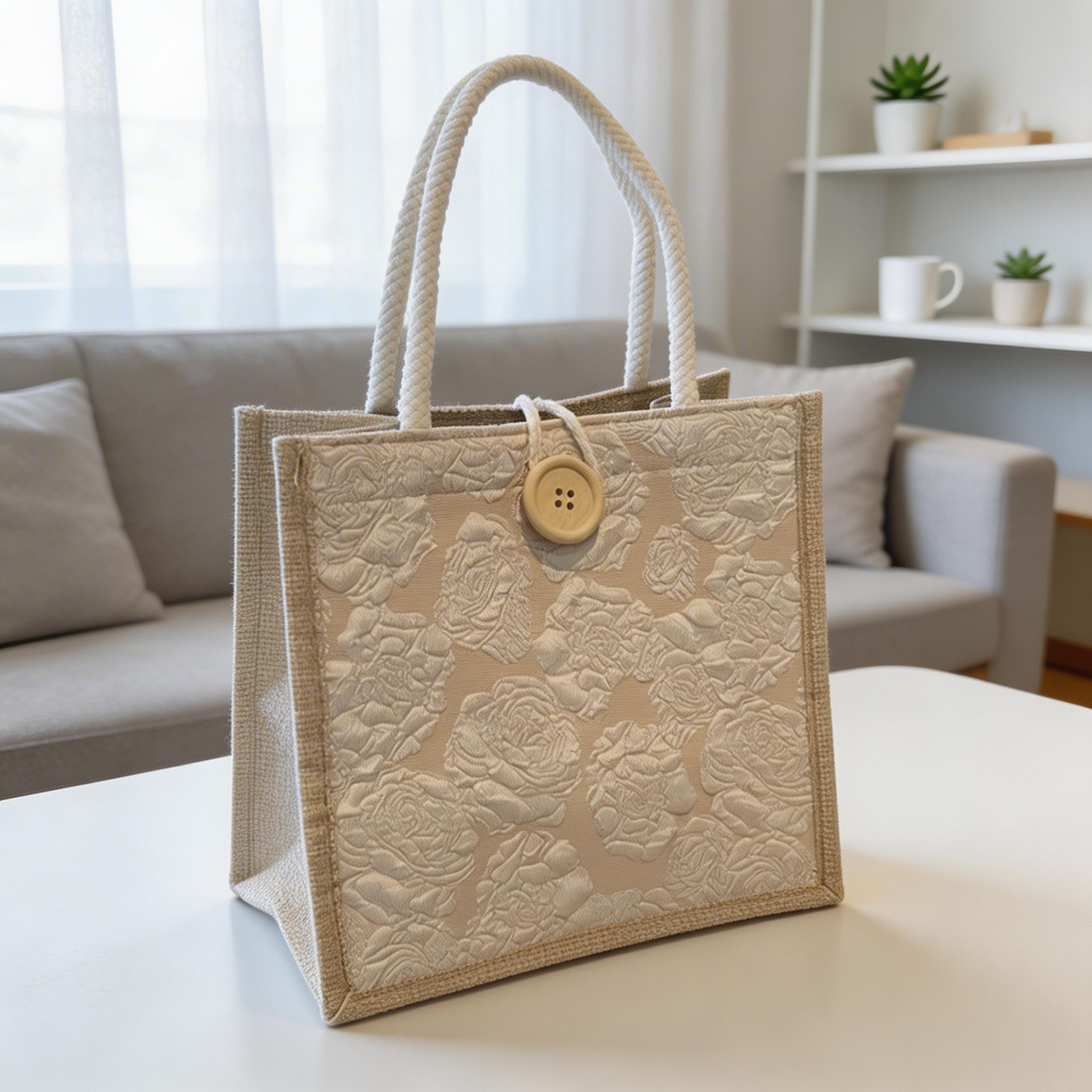 Small Burlap Tote Bag for Women Textured Floral Jacquard Handbag Eco Friendly Shopper Woven Market Purse Bridesmaid Proposal Gift Bag view 7