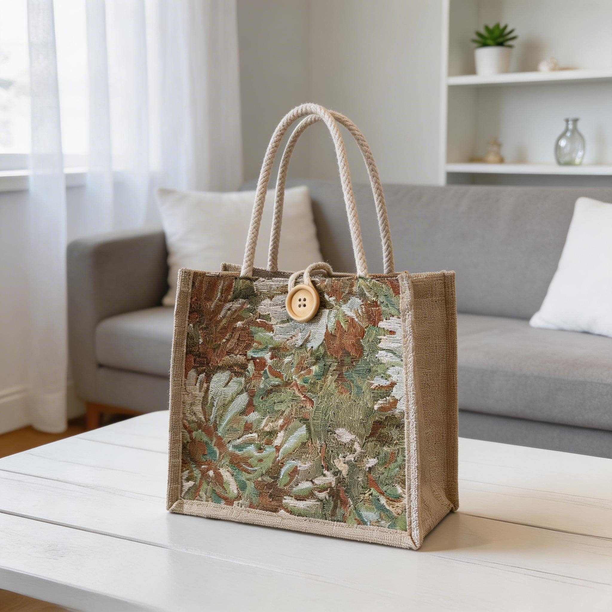 Vintage Tapestry Floral Jute Tote Bag, Woven Jacquard Canvas Purse, Rustic Wooden Button Handbag, Small Everyday Burlap Bag,mothers Day Gift view 5