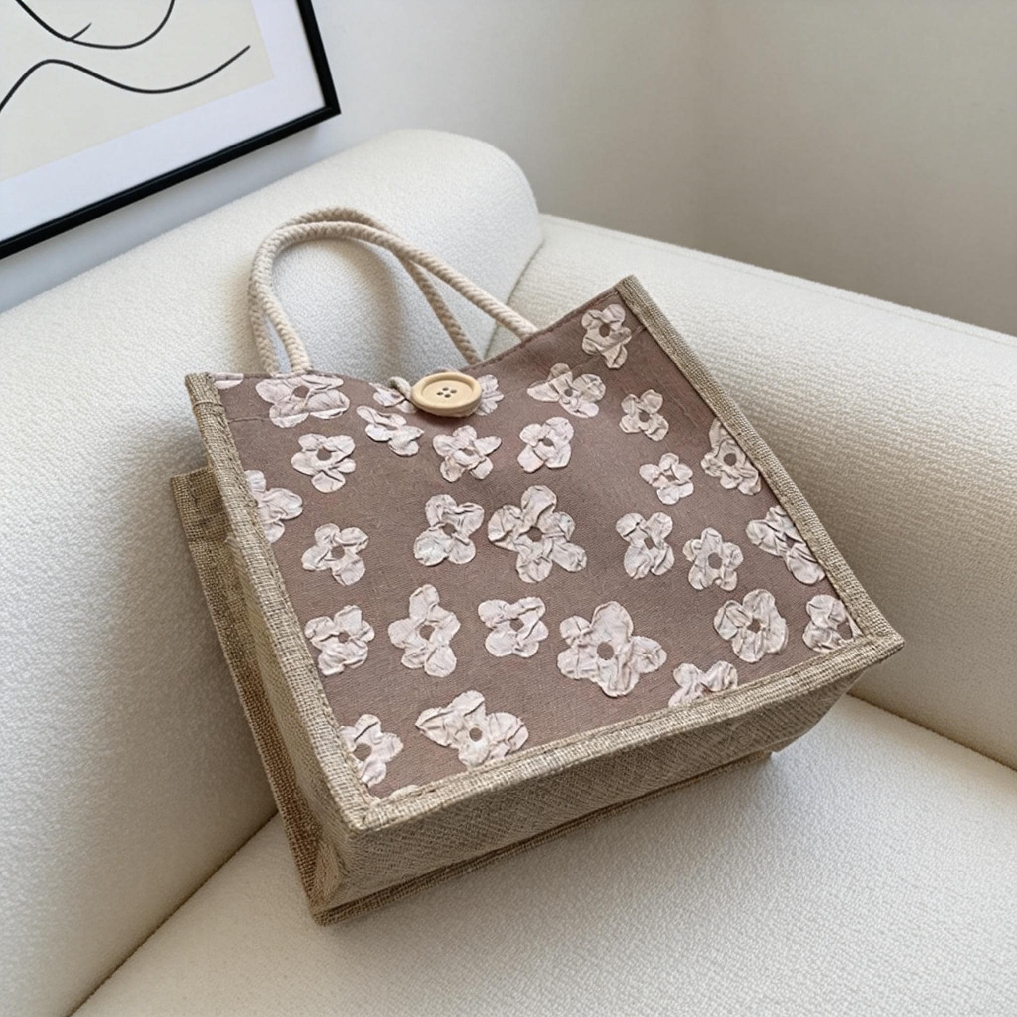Small Burlap Lunch Tote With 3D Flowers, Everyday Jute Commute Purse, Natural Woven Bag, Reusable Bridesmaid Gift, Vintage Style Handbag view 5