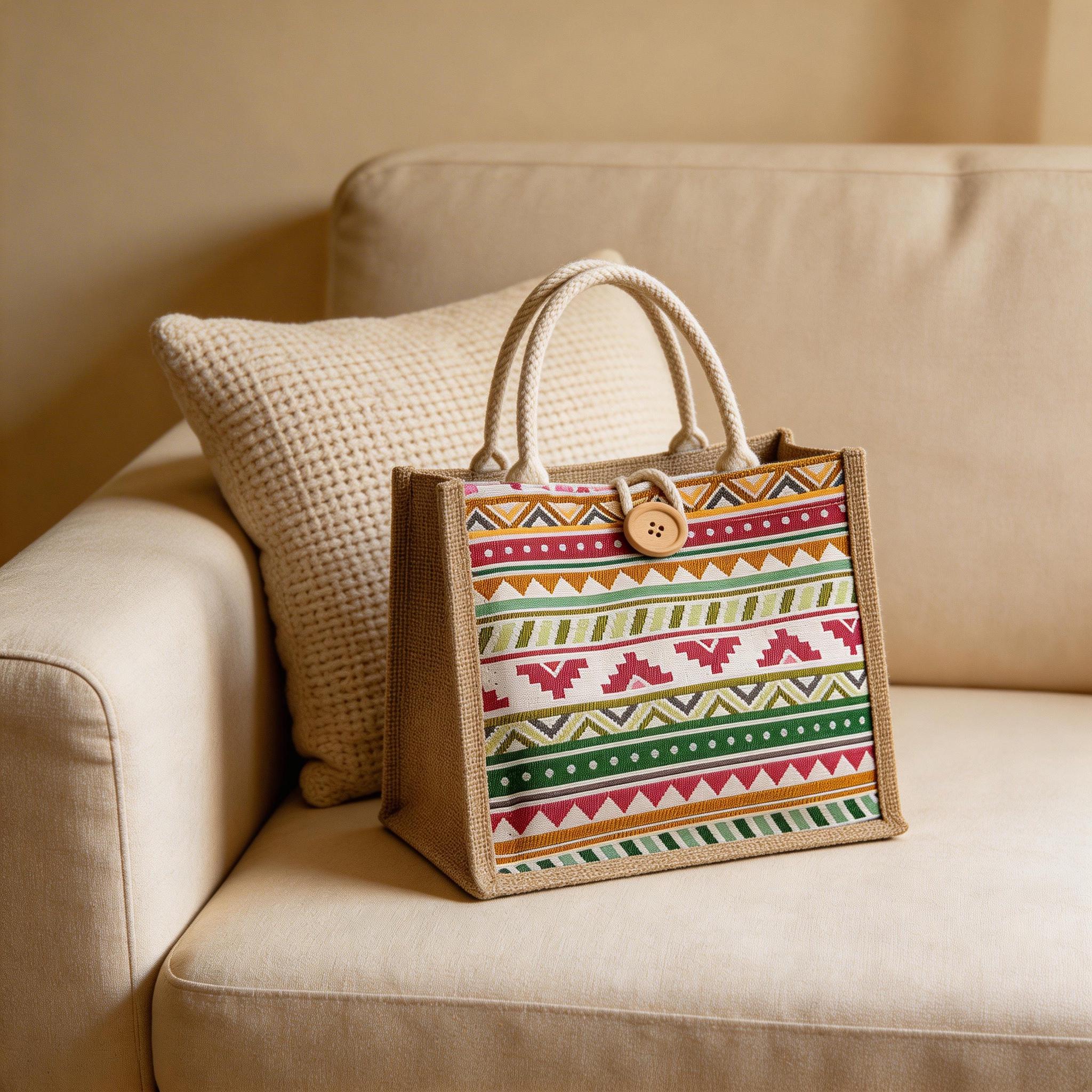 Boho Aztec Mini Tote, Woven Jute Handbag With Button, Everyday Reusable Lunch Bag, Cute Top Handle Purse, Mothers Day Gift for Mom view 3