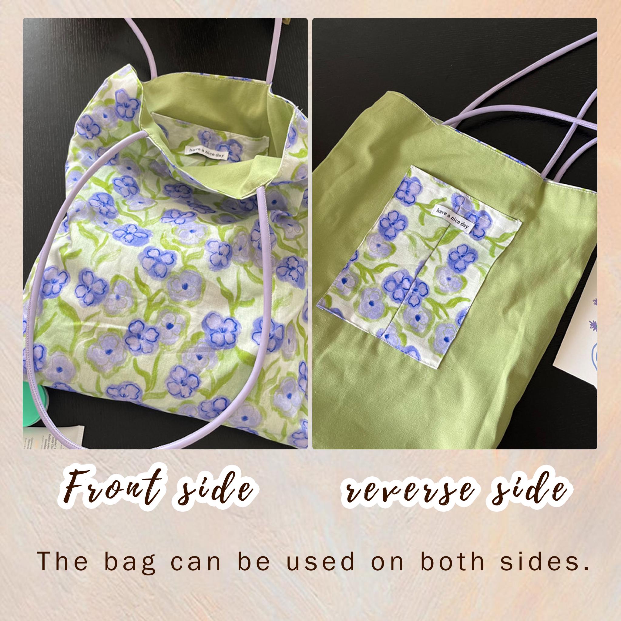 Reversible Cotton Canvas Tote, Soft Floral Shoulder Bag, Two Way Minimalist Work Purse, Light Green Strap Slouchy Everyday Bag view 6