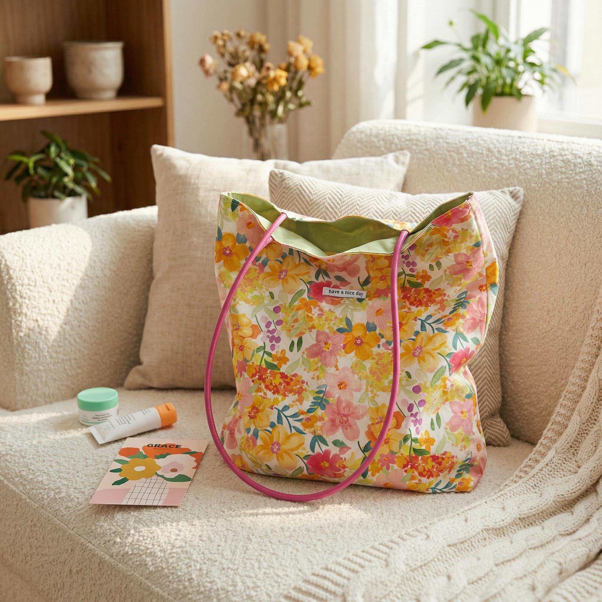 Large Floral Canvas Shoulder Bag, Perfect Work Tote, Cute Spring Gift for Her view 5
