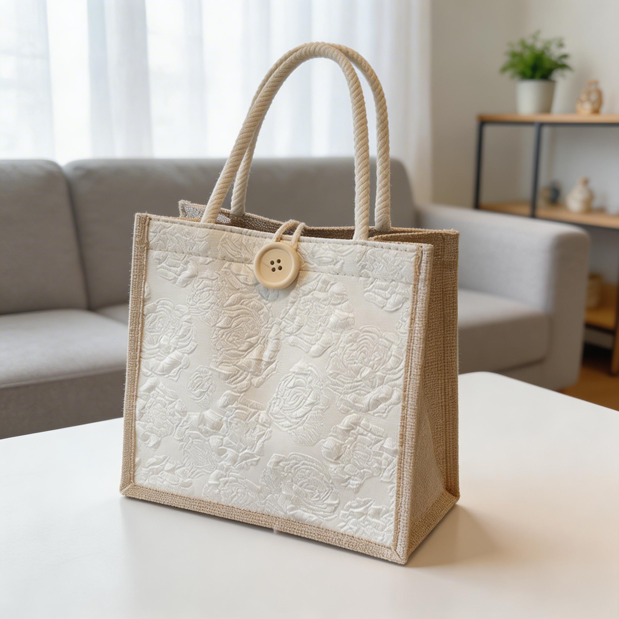 Small Burlap Tote Bag for Women Textured Floral Jacquard Handbag Eco Friendly Shopper Woven Market Purse Bridesmaid Proposal Gift Bag view 8
