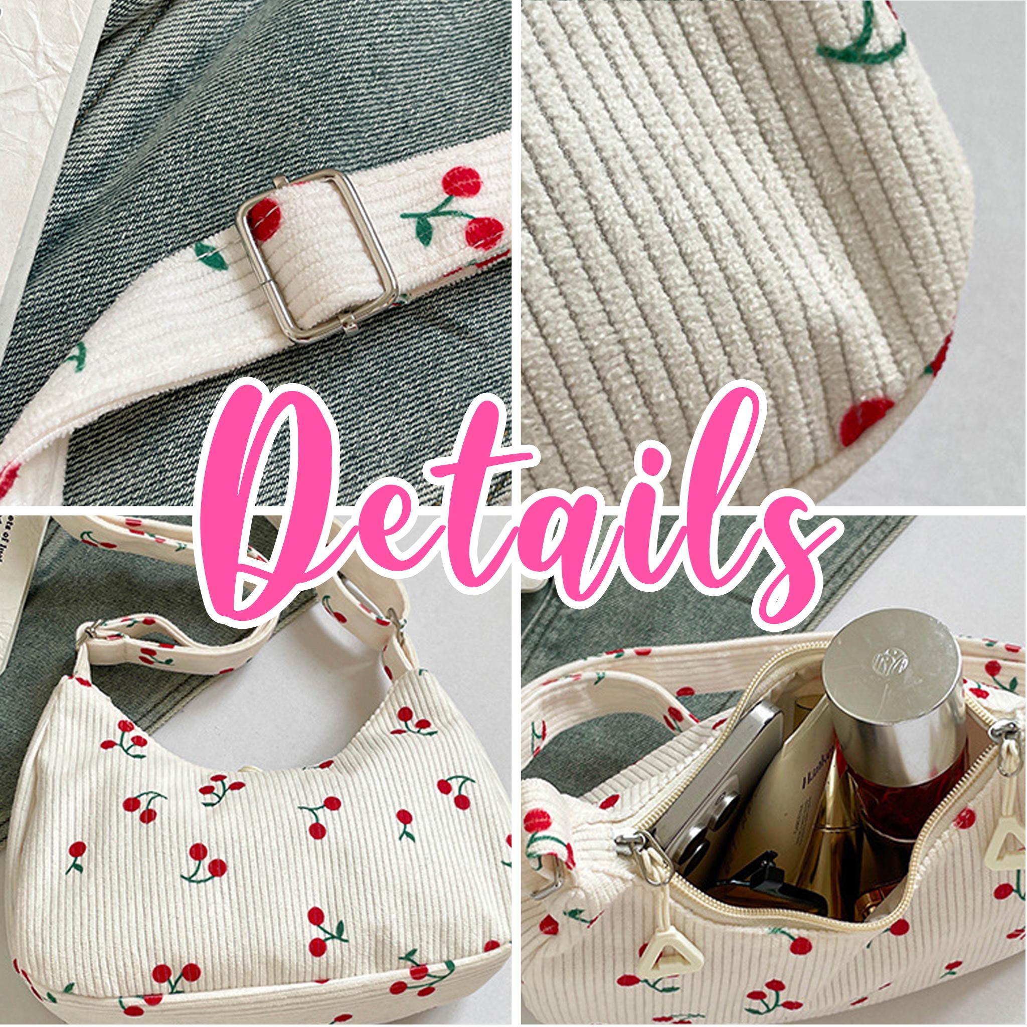 Cute Corduroy Shoulder Bag, Cherry Strawberry Print Hobo Bag, Retro Small Crossbody Bag, Y2K Aesthetic Purse for Women view 6