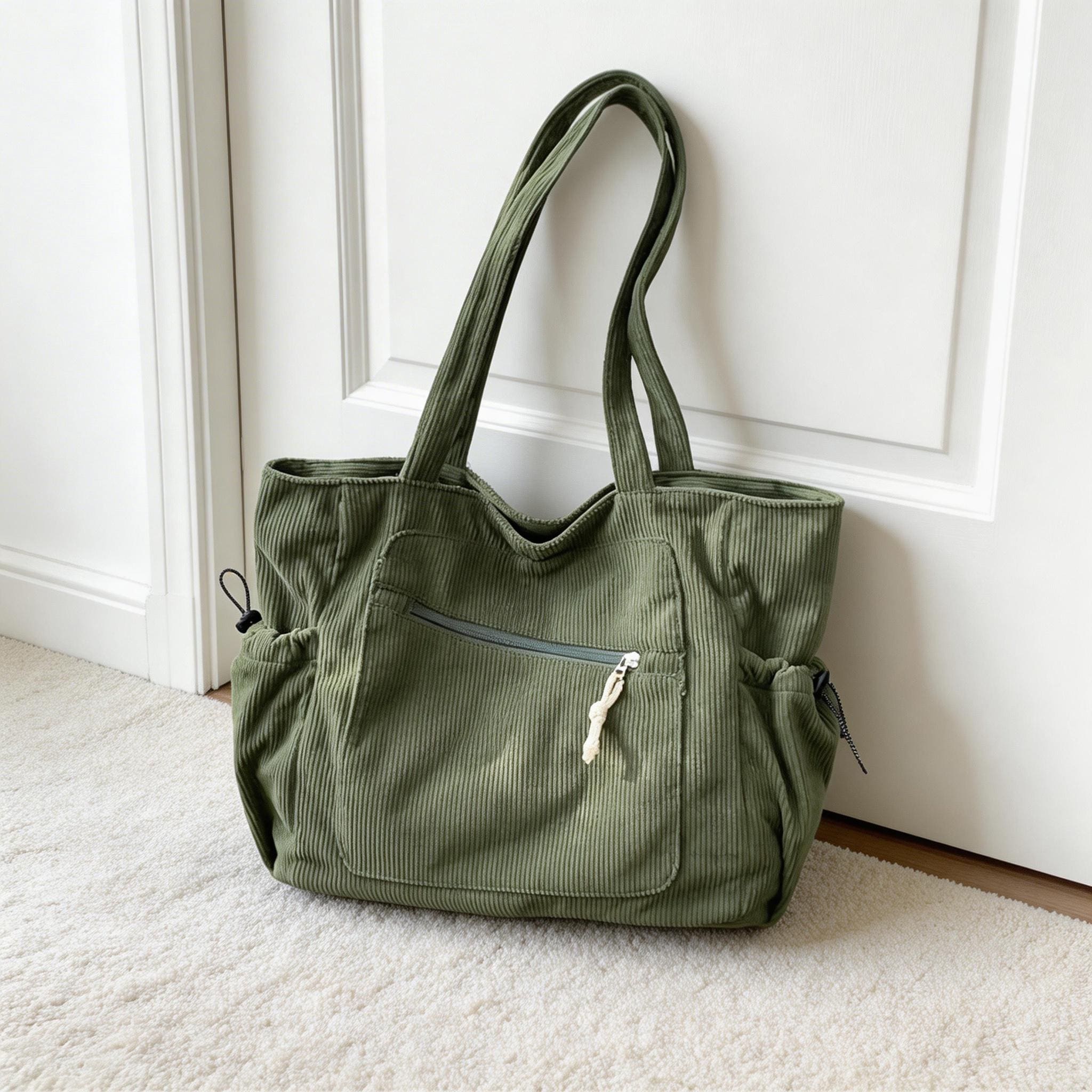 Large Corduroy Tote Bag, Retro Soft Casual Shoulder Bag With Pockets, Everyday Handbag for School Work Travel, Women’s Fashion Daily Purse view 5