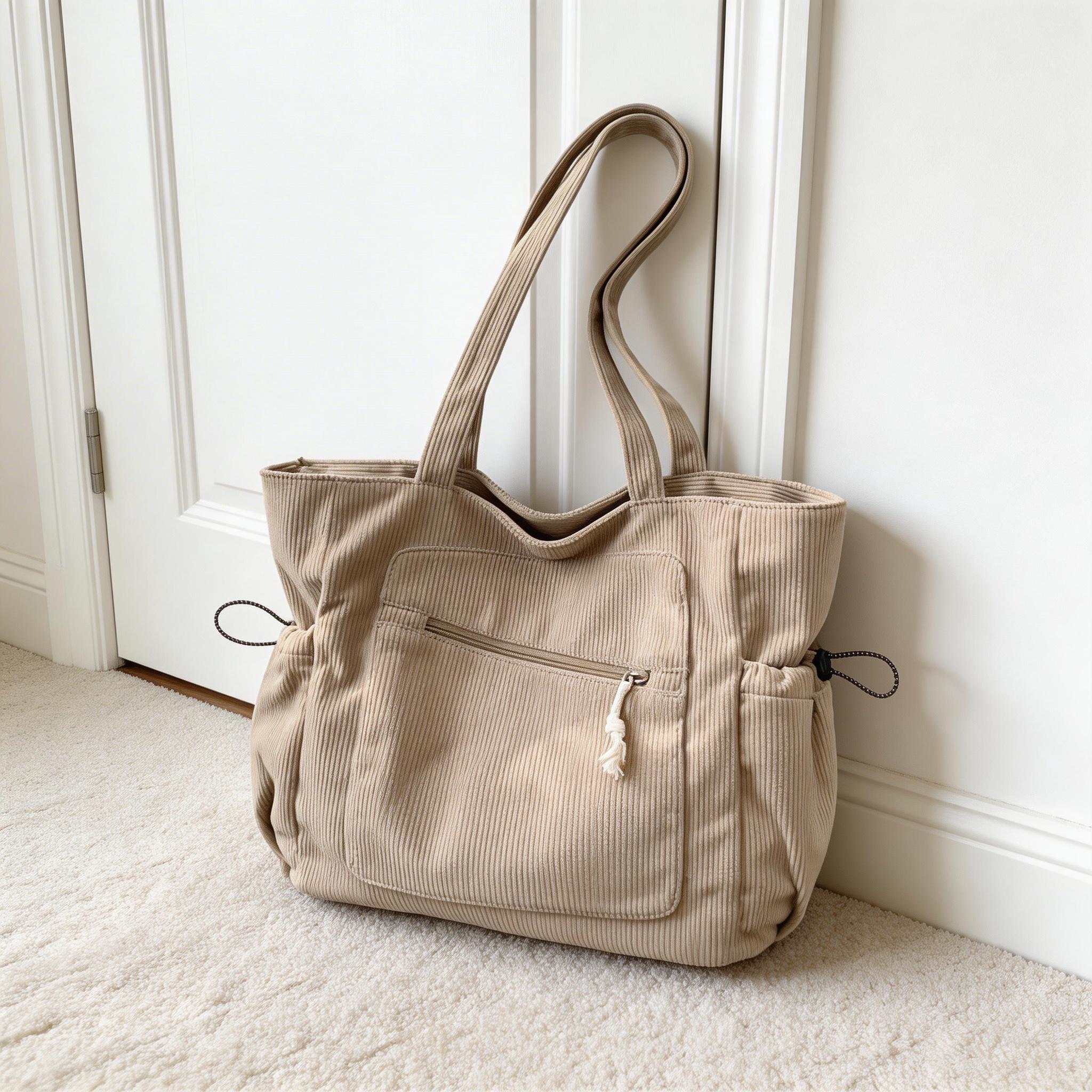 Large Corduroy Tote Bag, Retro Soft Casual Shoulder Bag With Pockets, Everyday Handbag for School Work Travel, Women’s Fashion Daily Purse view 6
