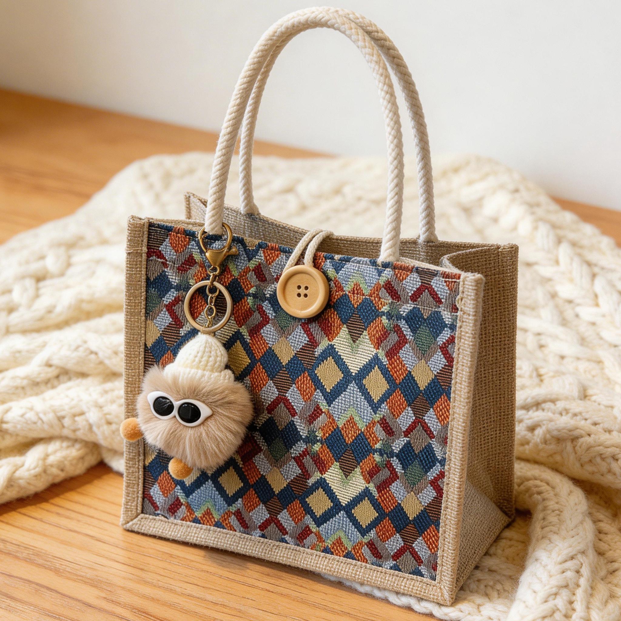 Boho Geometric Mini Tote, Woven Jute Handbag With Button, Everyday Reusable Lunch Bag, Cute Top Handle Purse, Mothers Day Gift for Mom view 6