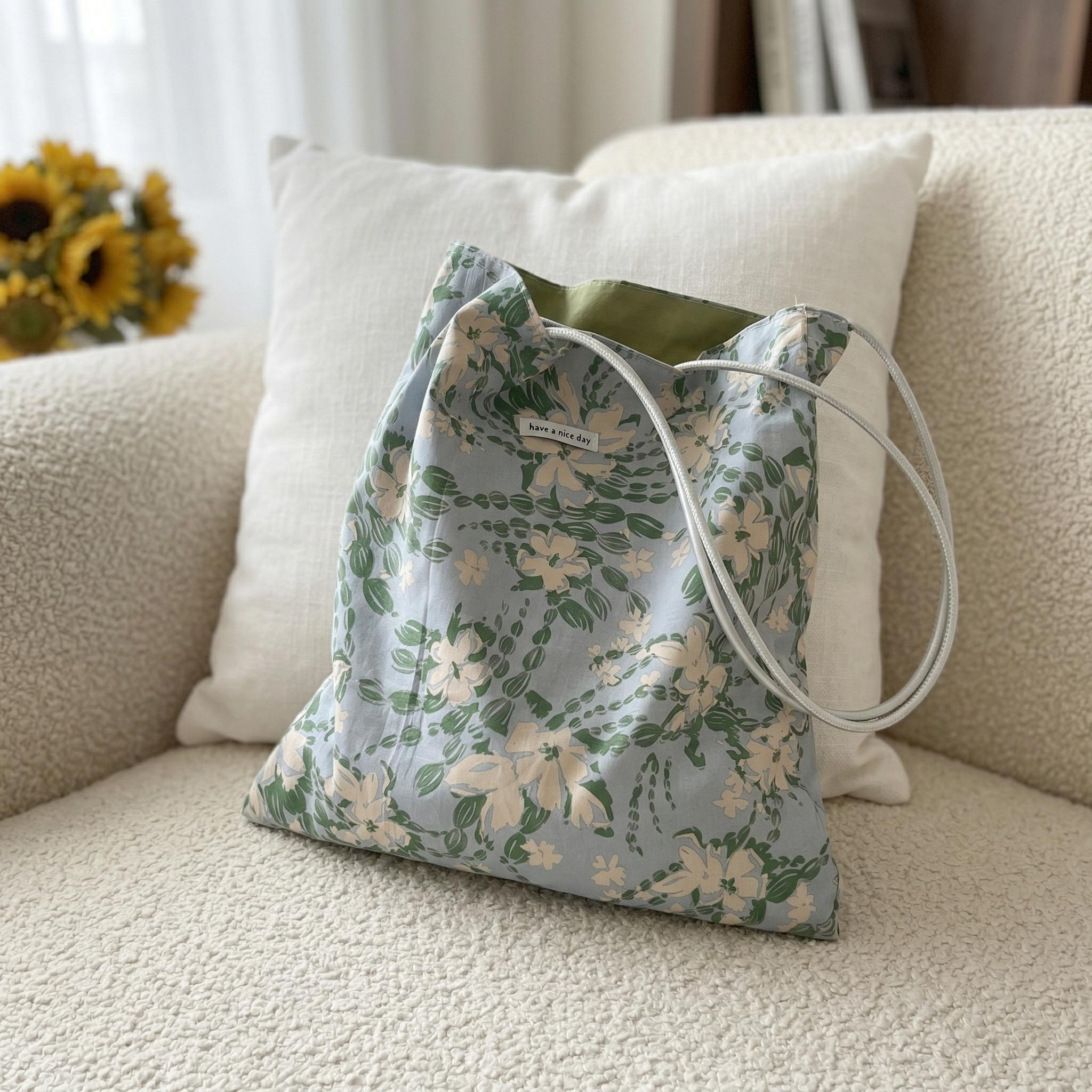 Reversible Floral Tote Bag Slouchy Cotton Canvas Shoulder Purse Two Way Minimalist Bag Aesthetic Everyday Commuter Handbag,gift for Her view 4