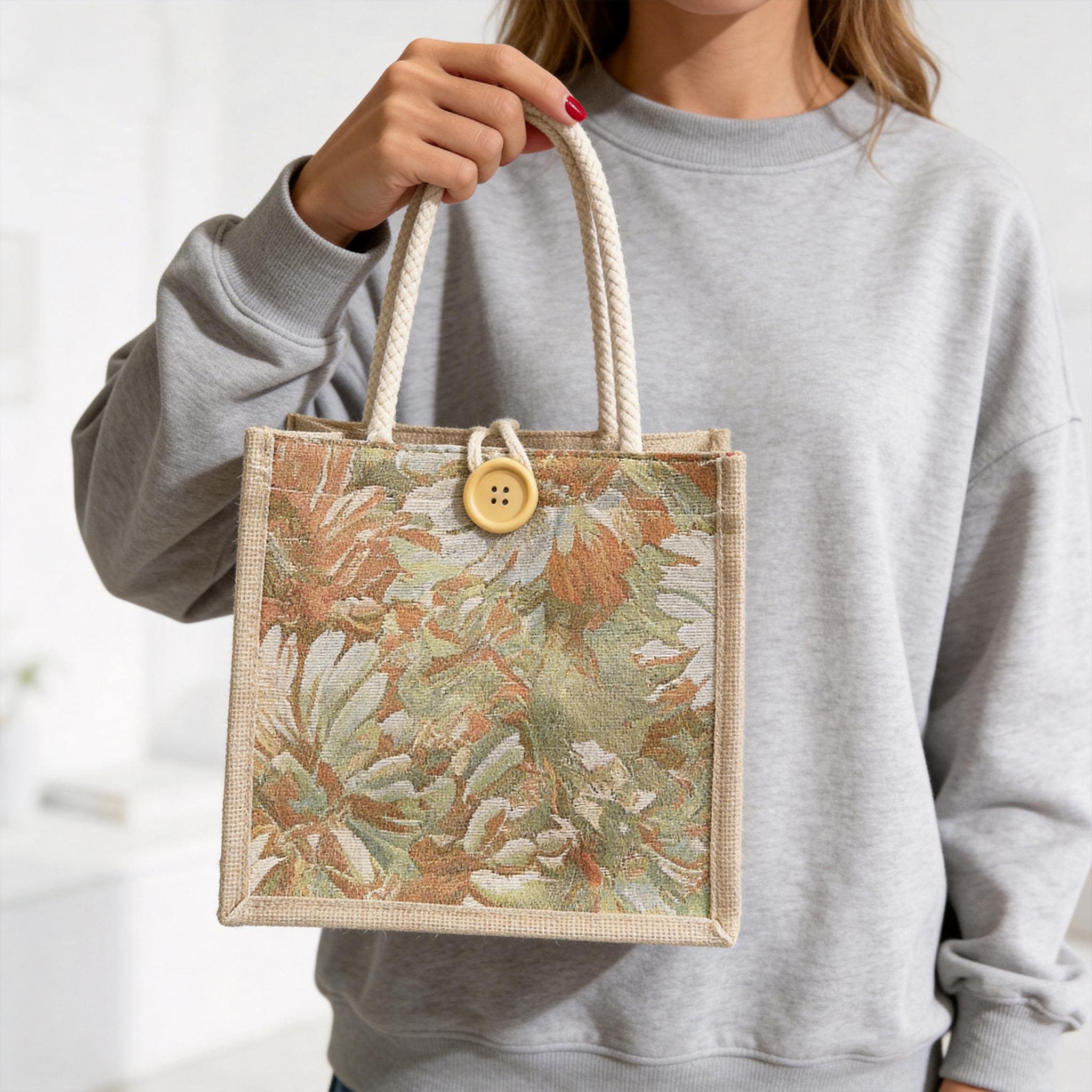 Vintage Tapestry Floral Jute Tote Bag, Woven Jacquard Canvas Purse, Rustic Wooden Button Handbag, Small Everyday Burlap Bag,mothers Day Gift view 2
