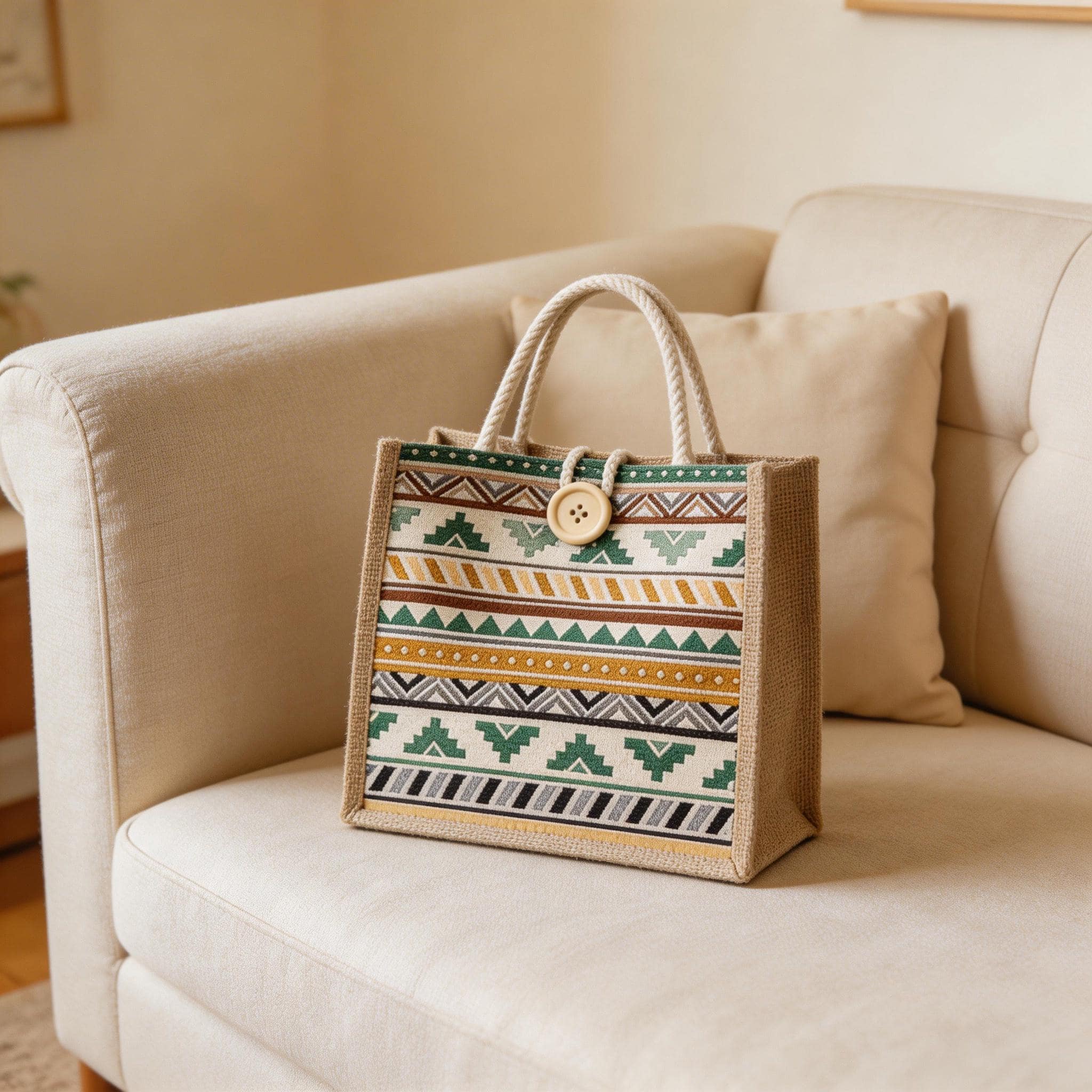 Boho Aztec Mini Tote, Woven Jute Handbag With Button, Everyday Reusable Lunch Bag, Cute Top Handle Purse, Mothers Day Gift for Mom view 4
