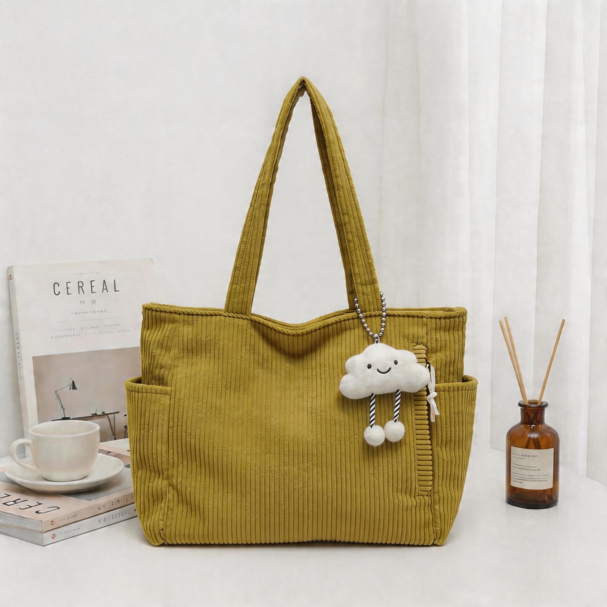 Soft Corduroy Shoulder Tote, Multi-pocket Large Handbag, Retro Daily Tote Bag, Perfect for School Work & Travel, Cute Cloud Accessory view 7