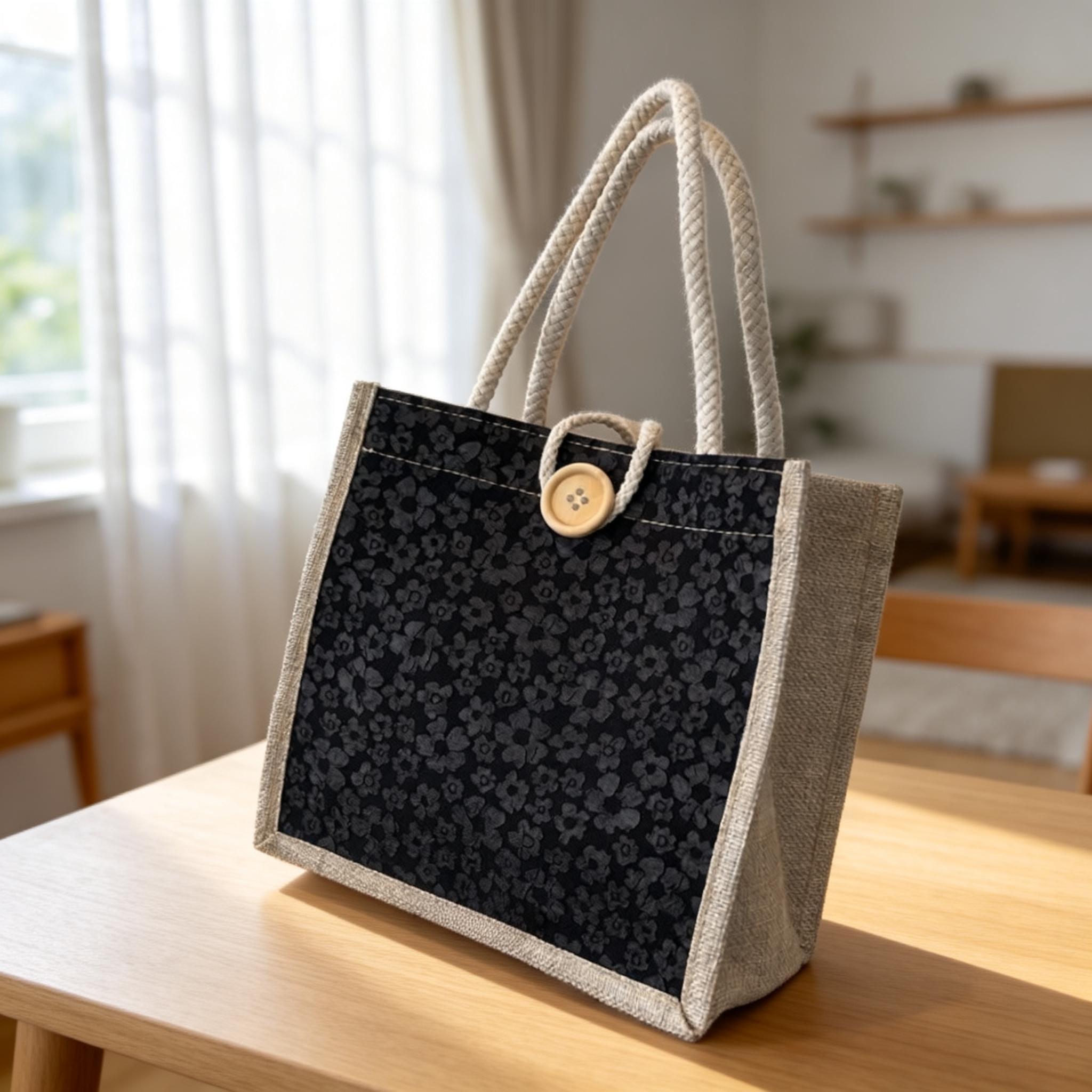 Floral Jute Handbag for Women, Spring Jute Tote With Wooden Button, Small Burlap Lunch Bag, Rustic Wooden Button Handbag, Mothers Day Gift view 7