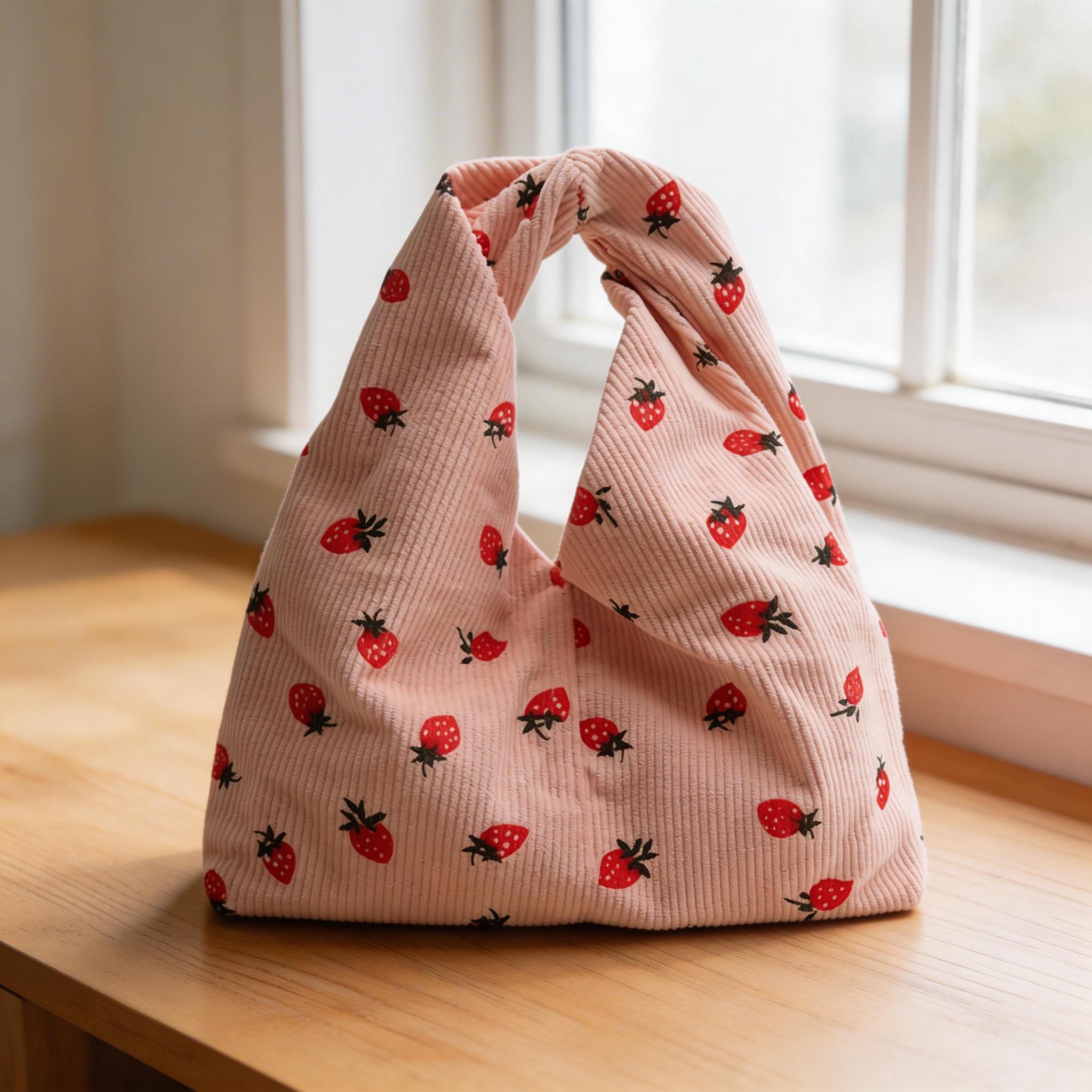 Corduroy Strawberry Knot Wrist Bag, Cute Mini Tote Bag for Women, Handmade Small Handbag, Casual Daily Pouch, Gift for Her view 9