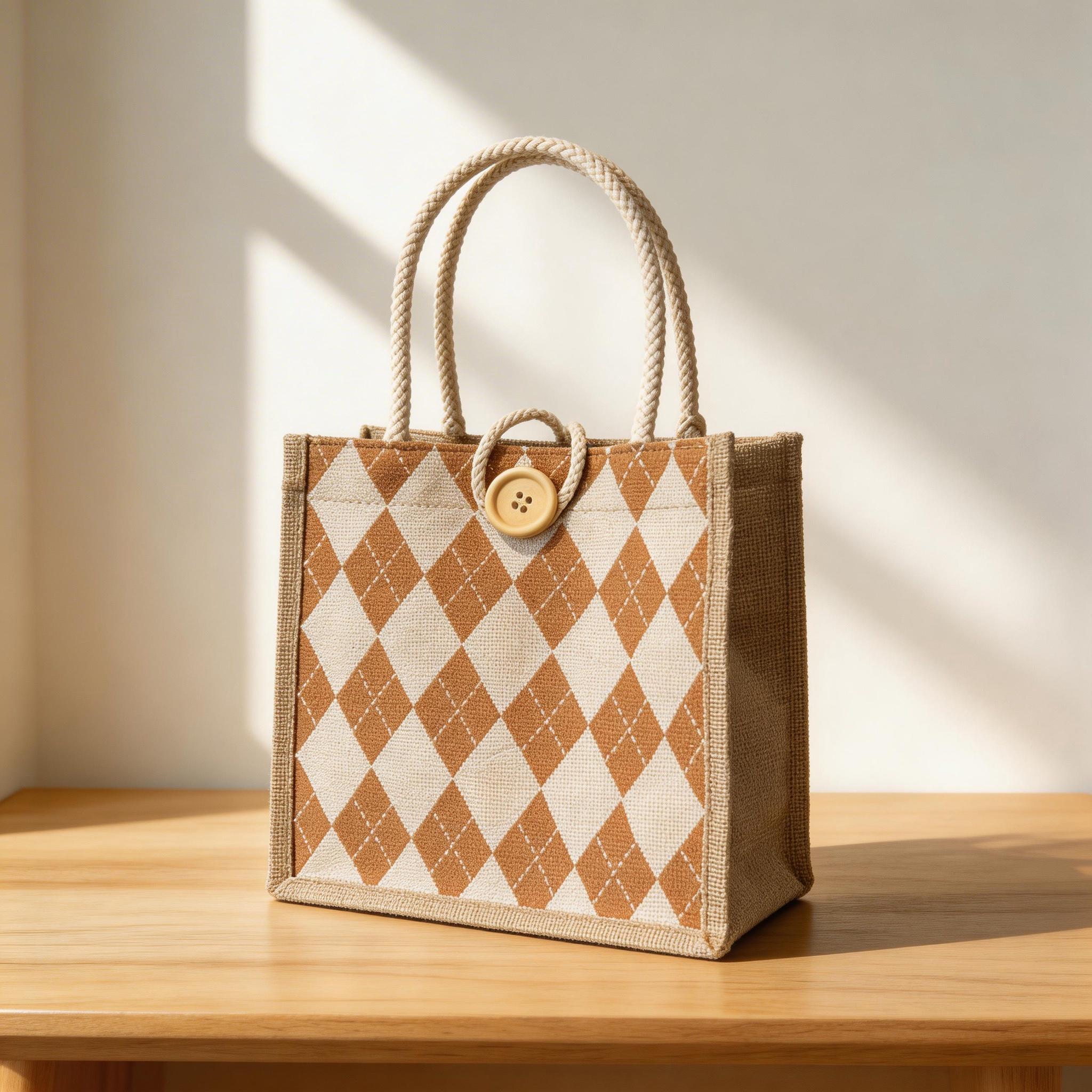 Small Argyle Tote Bag | Woven Jute Mini Handbag | Preppy Plaid Lunch Purse | Vintage Top Handle Bag | Casual Summer Accessory Gift for Her view 3
