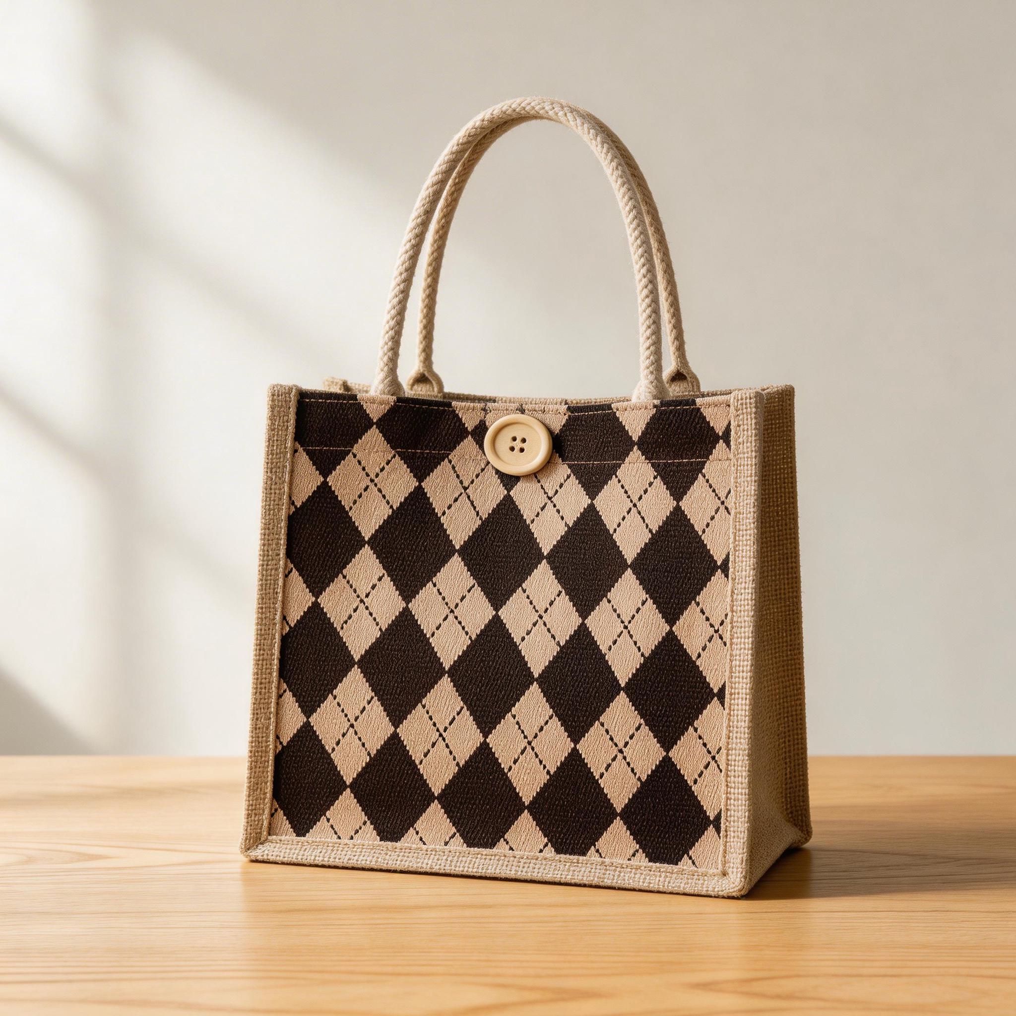 Small Argyle Tote Bag | Woven Jute Mini Handbag | Preppy Plaid Lunch Purse | Vintage Top Handle Bag | Casual Summer Accessory Gift for Her view 6