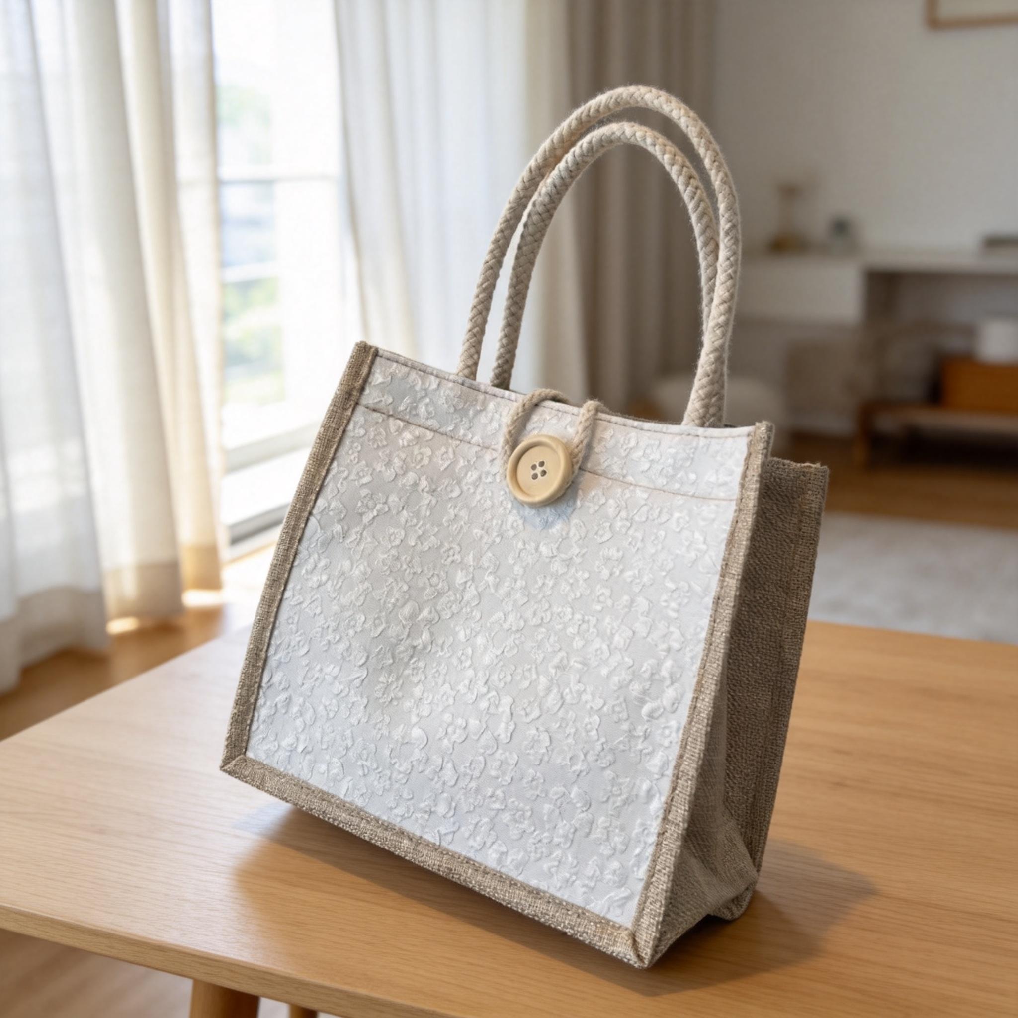 Floral Jute Handbag for Women, Spring Jute Tote With Wooden Button, Small Burlap Lunch Bag, Rustic Wooden Button Handbag, Mothers Day Gift view 8