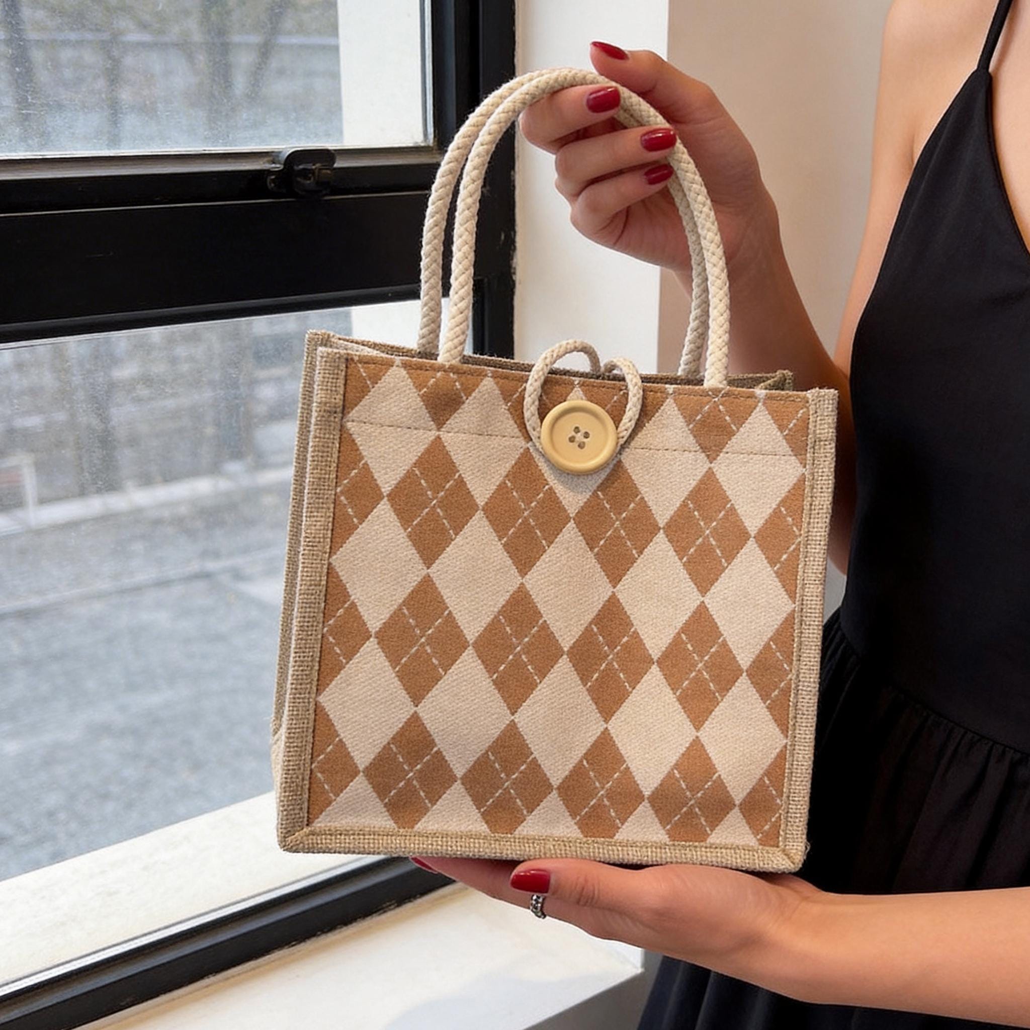 Small Argyle Tote Bag | Woven Jute Mini Handbag | Preppy Plaid Lunch Purse | Vintage Top Handle Bag | Casual Summer Accessory Gift for Her view 7