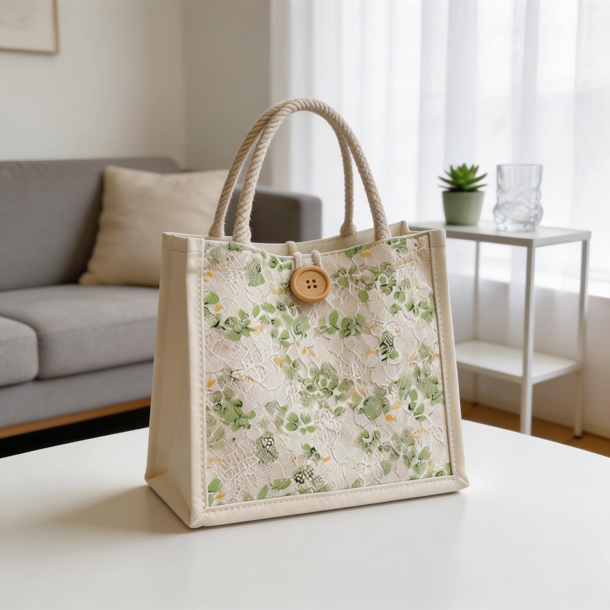 Floral Lace Vegan Leather Tote, Small Structured Handbag, PU Leather Handbag, Cute Lunch Box, Mothers Day Gift view 5