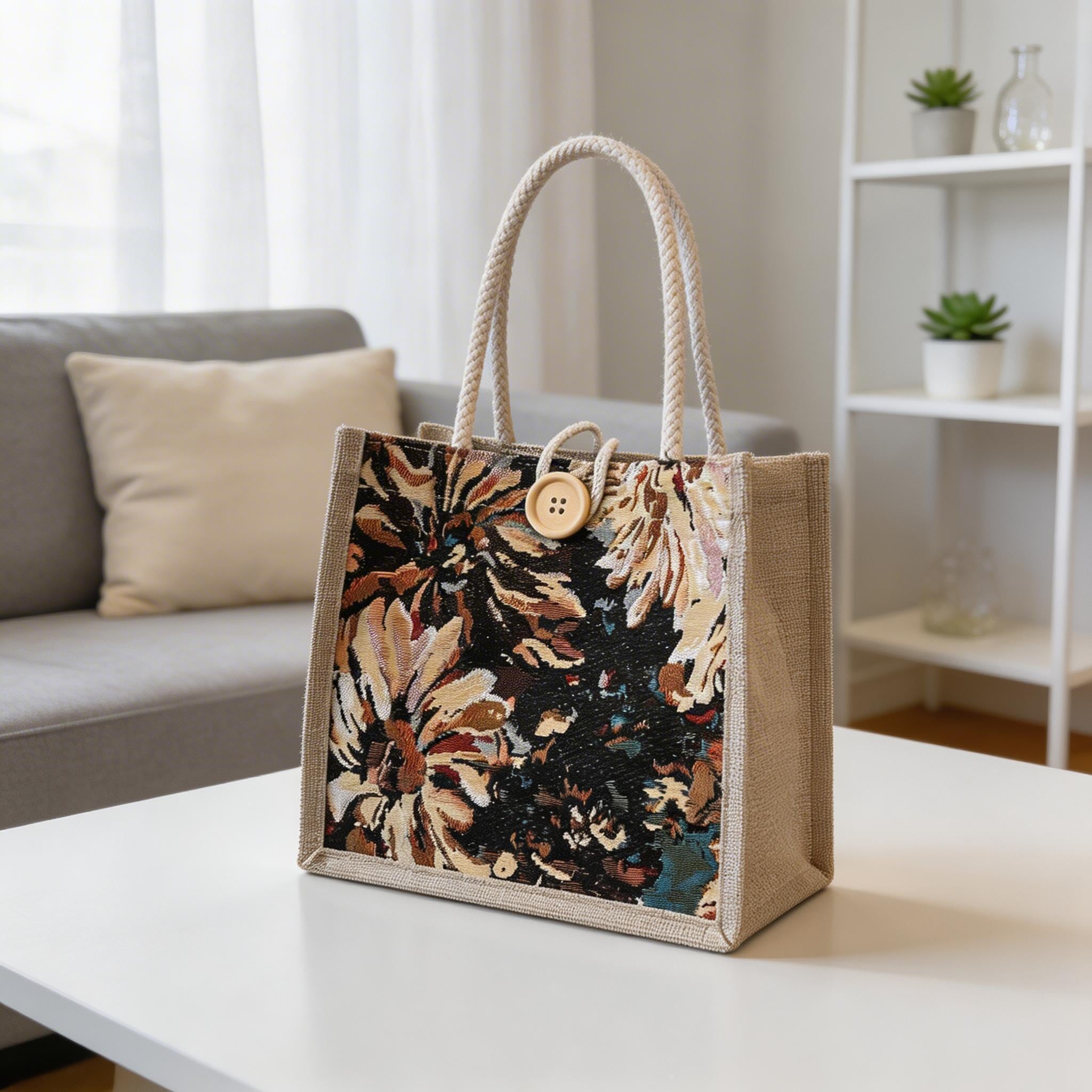 Vintage Tapestry Floral Jute Tote Bag, Woven Jacquard Canvas Purse, Rustic Wooden Button Handbag, Small Everyday Burlap Bag,mothers Day Gift view 4