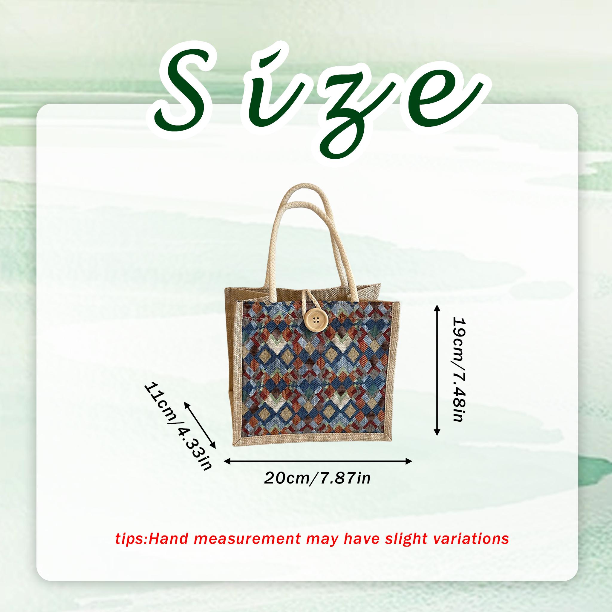 Boho Geometric Mini Tote, Woven Jute Handbag With Button, Everyday Reusable Lunch Bag, Cute Top Handle Purse, Mothers Day Gift for Mom view 10