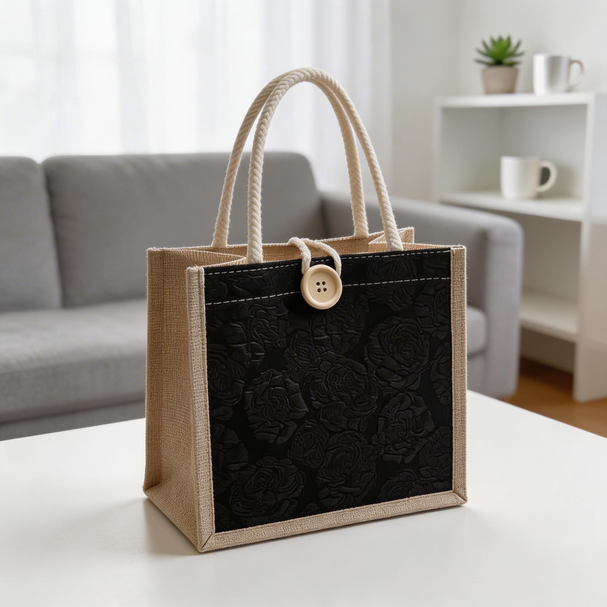 Small Burlap Tote Bag for Women Textured Floral Jacquard Handbag Eco Friendly Shopper Woven Market Purse Bridesmaid Proposal Gift Bag view 5