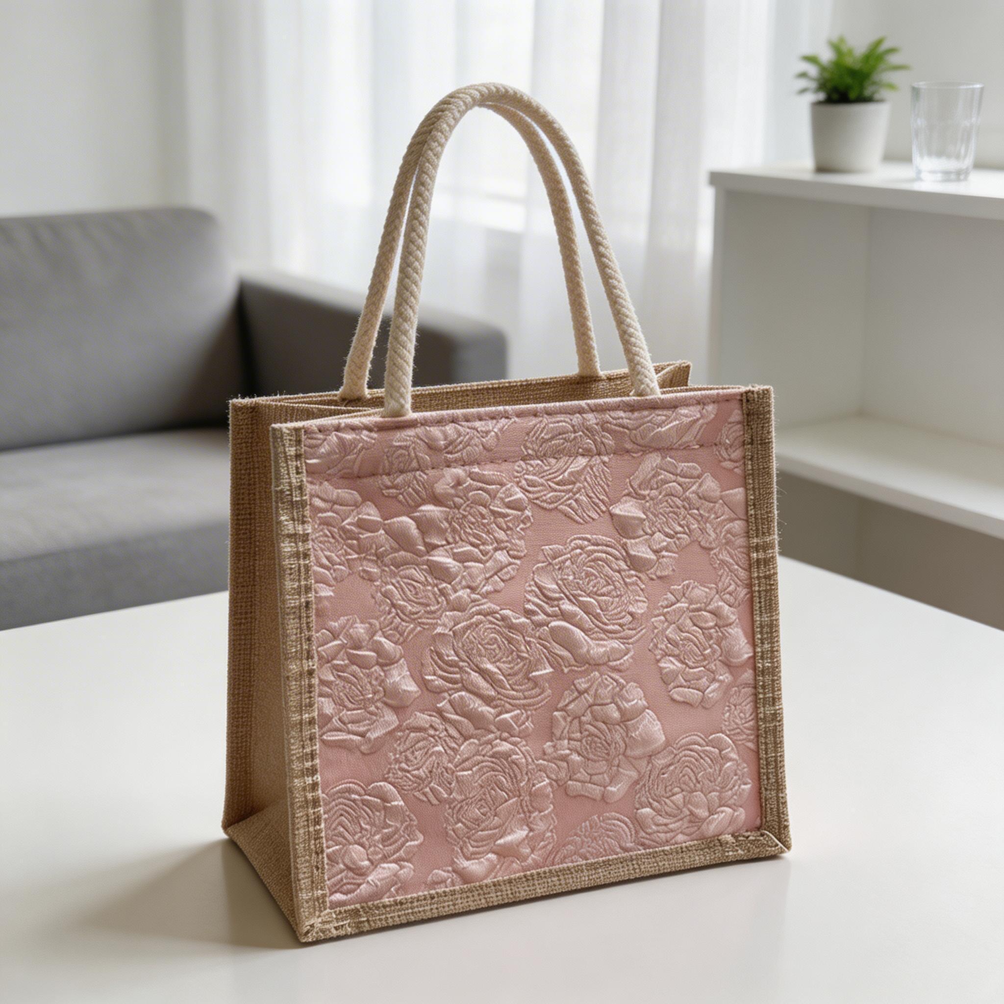 Small Burlap Tote Bag for Women Textured Floral Jacquard Handbag Eco Friendly Shopper Woven Market Purse Bridesmaid Proposal Gift Bag view 10