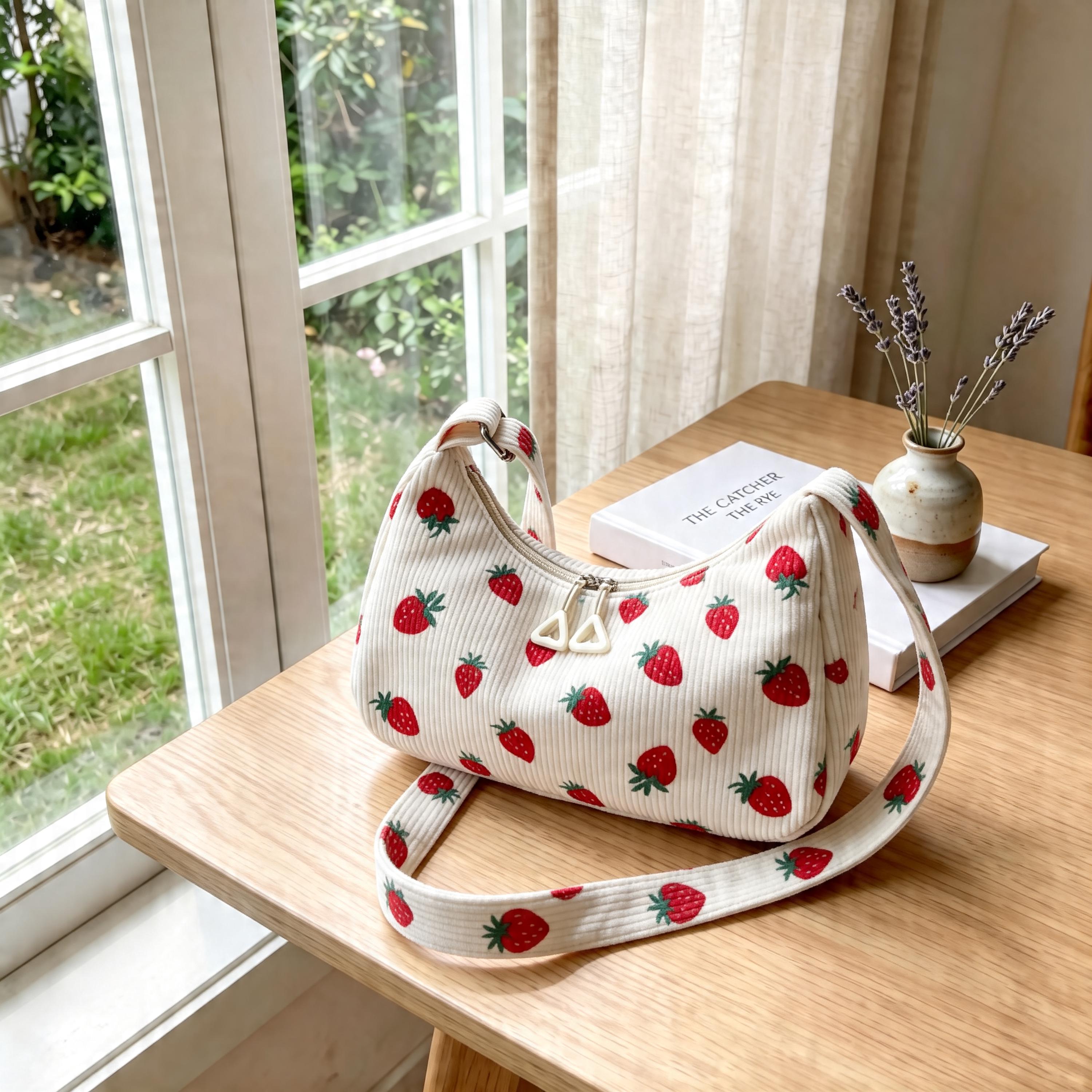 Cute Corduroy Shoulder Bag, Cherry Strawberry Print Hobo Bag, Retro Small Crossbody Bag, Y2K Aesthetic Purse for Women view 3