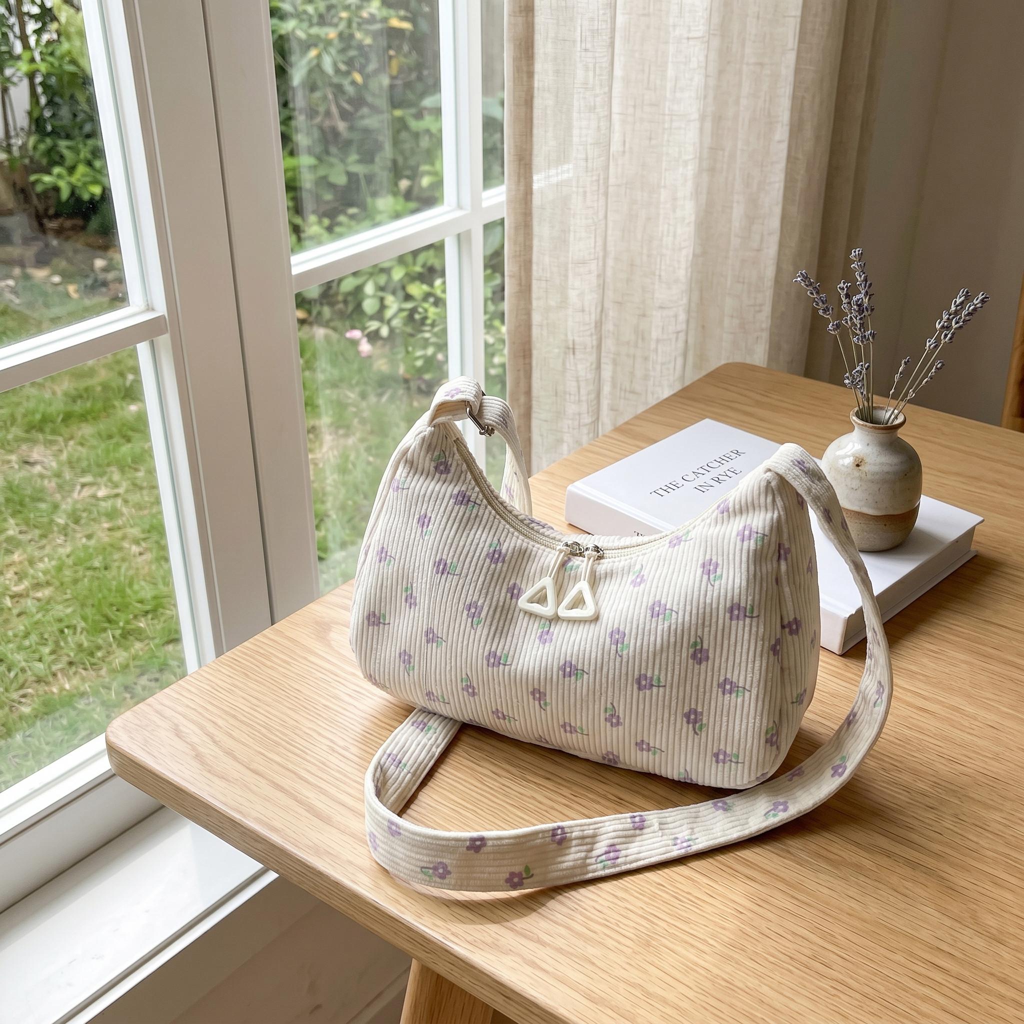 Cute Corduroy Shoulder Bag, Cherry Strawberry Print Hobo Bag, Retro Small Crossbody Bag, Y2K Aesthetic Purse for Women view 7
