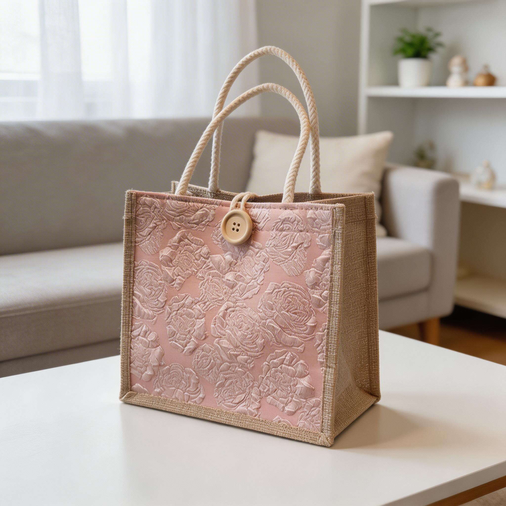Small Burlap Tote Bag for Women Textured Floral Jacquard Handbag Eco Friendly Shopper Woven Market Purse Bridesmaid Proposal Gift Bag view 6
