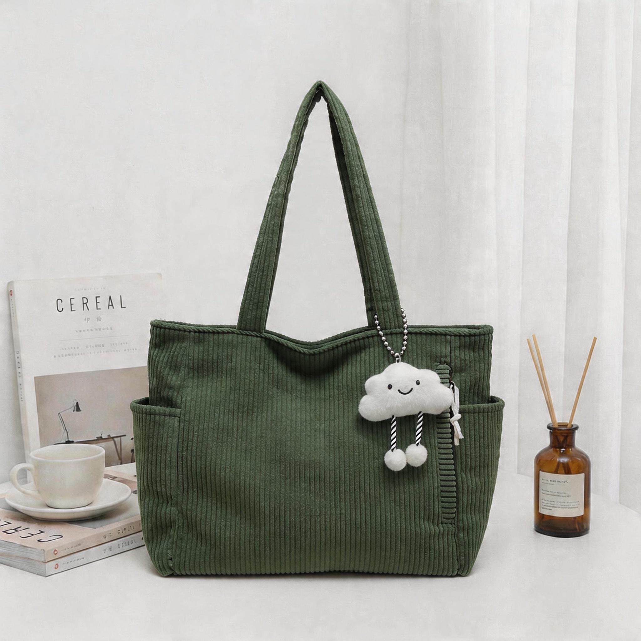 Soft Corduroy Shoulder Tote, Multi-pocket Large Handbag, Retro Daily Tote Bag, Perfect for School Work & Travel, Cute Cloud Accessory view 8