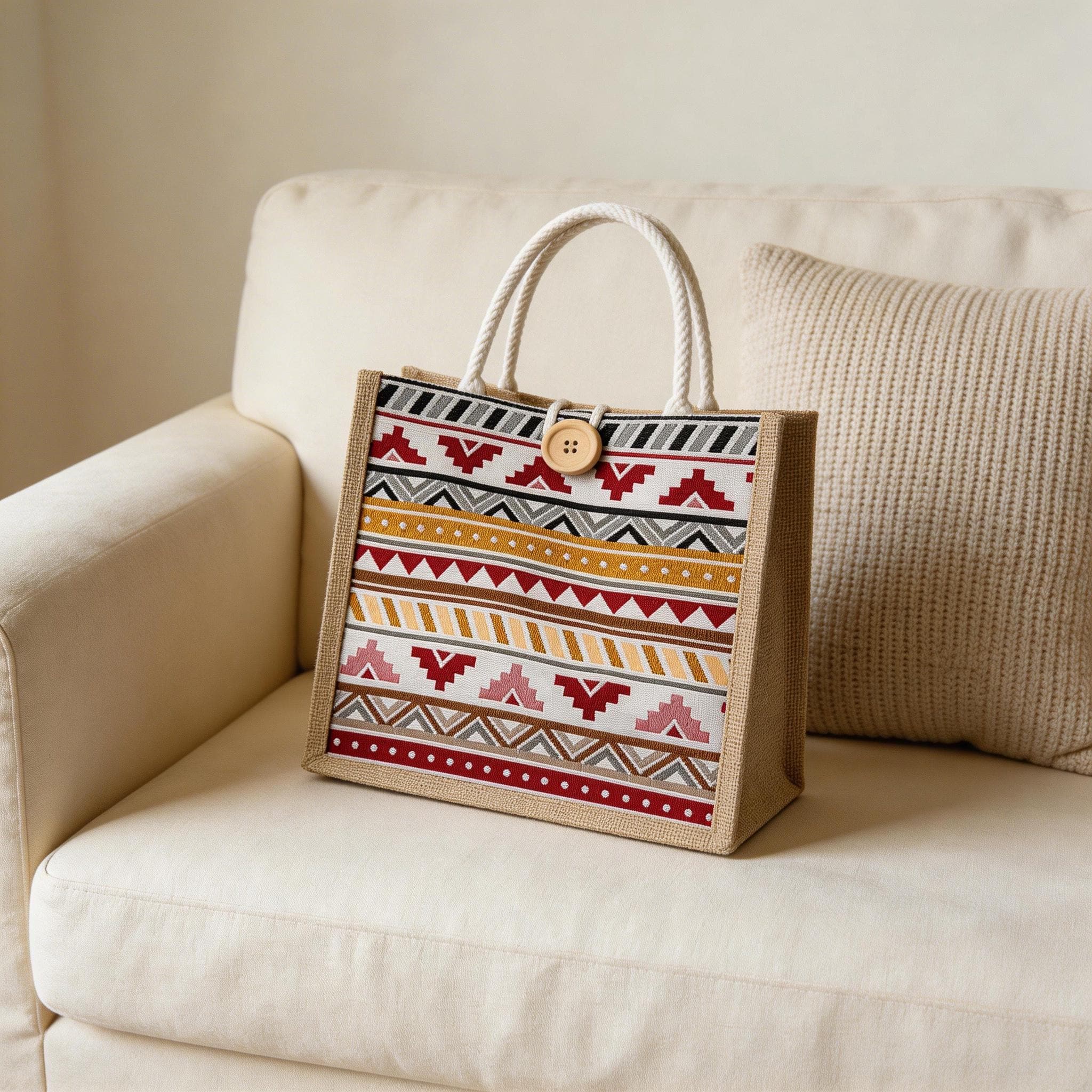 Boho Aztec Mini Tote, Woven Jute Handbag With Button, Everyday Reusable Lunch Bag, Cute Top Handle Purse, Mothers Day Gift for Mom view 5