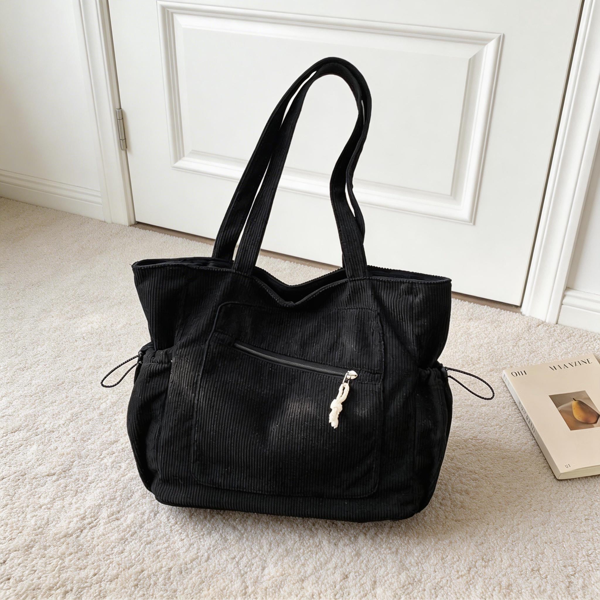 Large Corduroy Tote Bag, Retro Soft Casual Shoulder Bag With Pockets, Everyday Handbag for School Work Travel, Women’s Fashion Daily Purse view 4