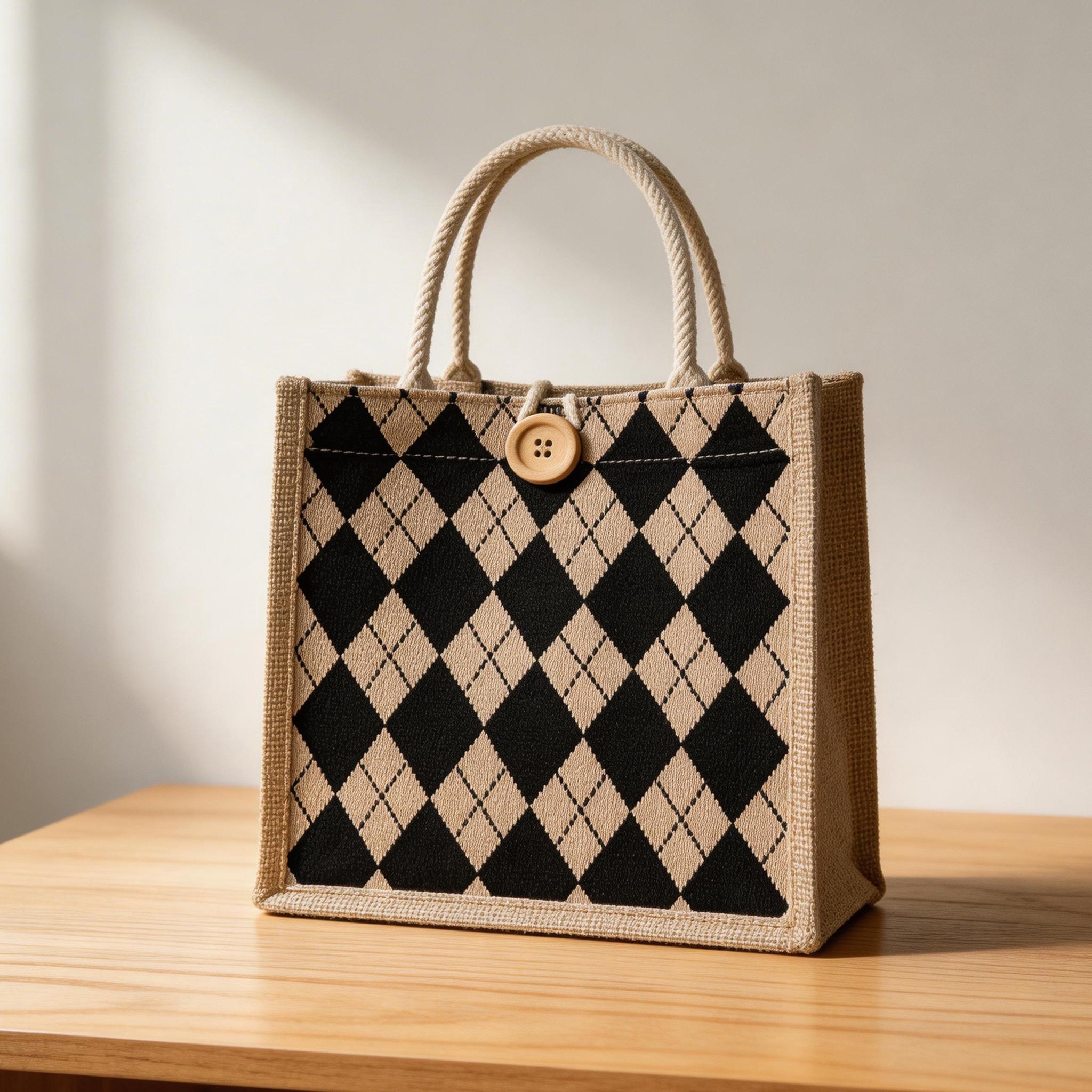 Small Argyle Tote Bag | Woven Jute Mini Handbag | Preppy Plaid Lunch Purse | Vintage Top Handle Bag | Casual Summer Accessory Gift for Her view 5