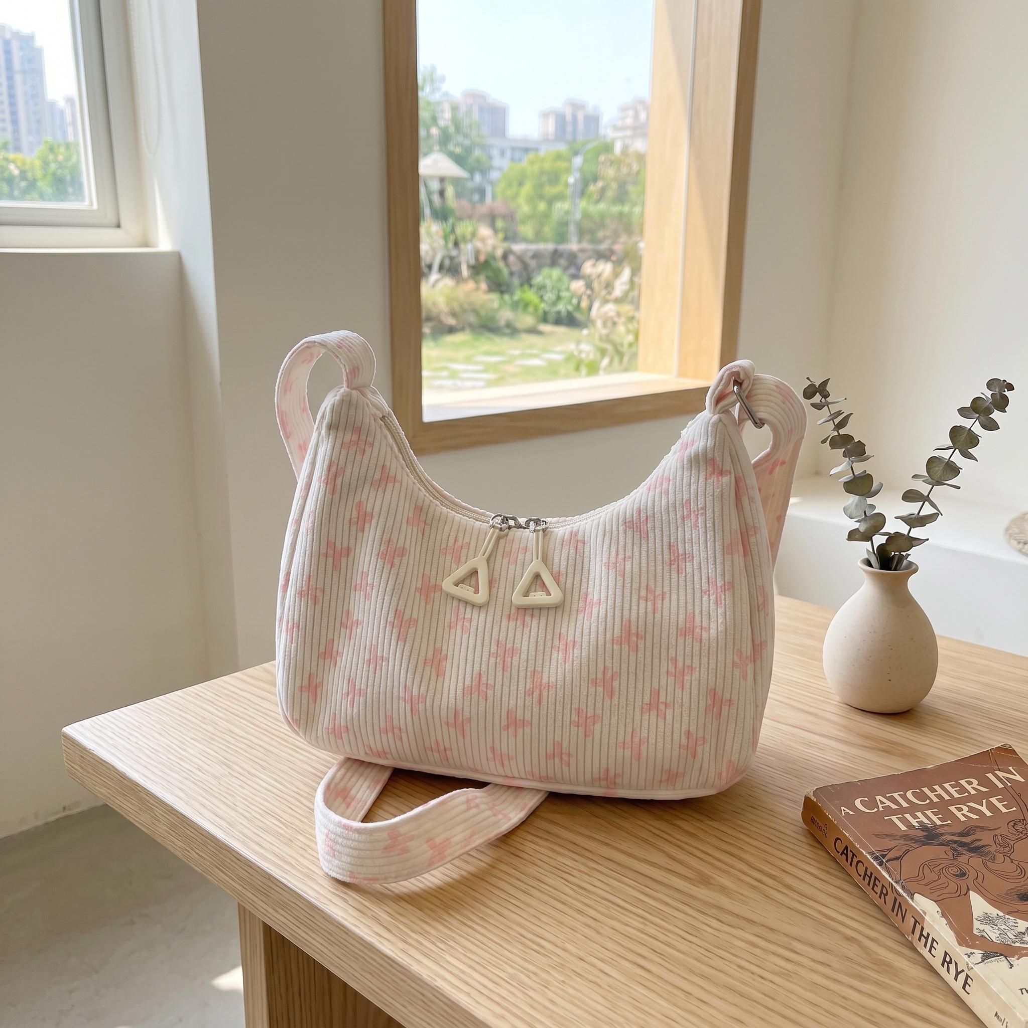 Cute Corduroy Shoulder Bag, Cherry Strawberry Print Hobo Bag, Retro Small Crossbody Bag, Y2K Aesthetic Purse for Women view 9