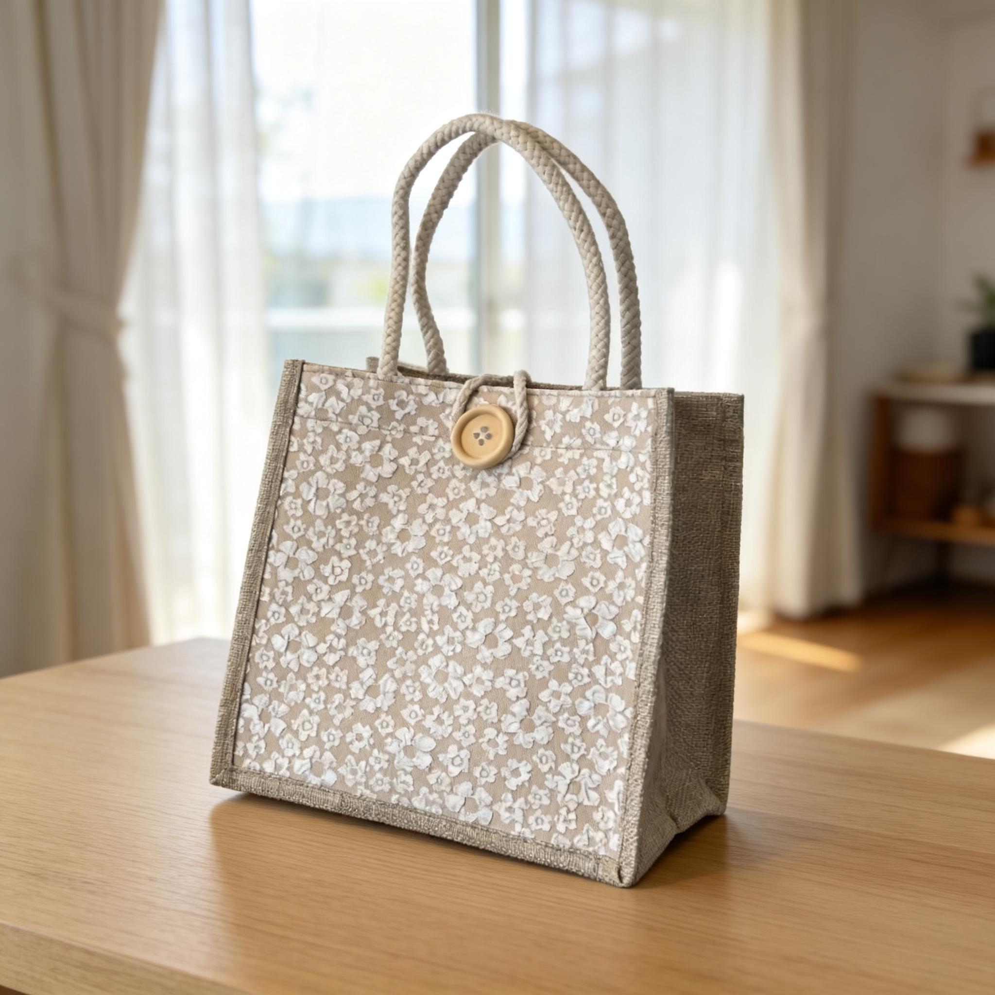 Floral Jute Handbag for Women, Spring Jute Tote With Wooden Button, Small Burlap Lunch Bag, Rustic Wooden Button Handbag, Mothers Day Gift view 6