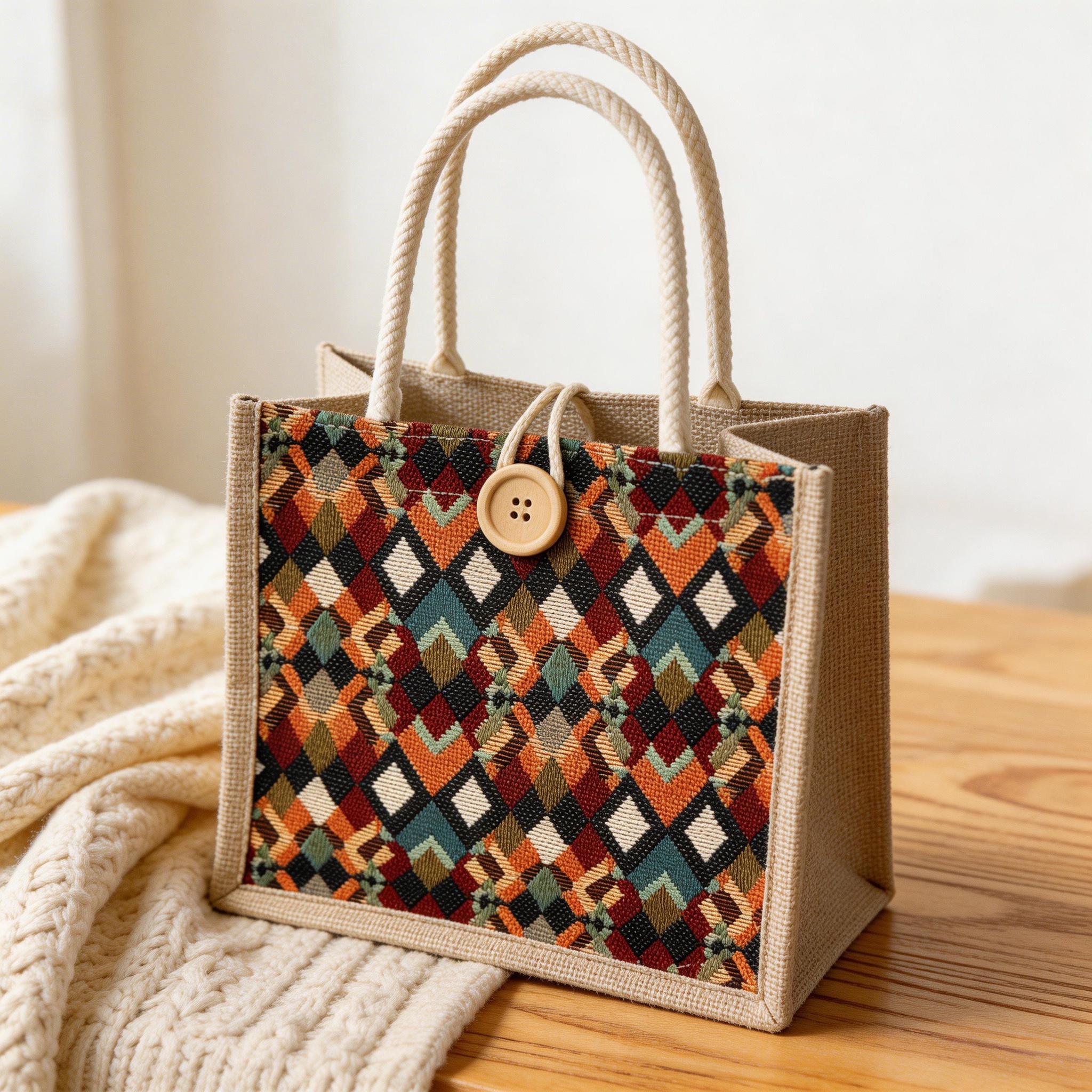 Boho Geometric Mini Tote, Woven Jute Handbag With Button, Everyday Reusable Lunch Bag, Cute Top Handle Purse, Mothers Day Gift for Mom view 4