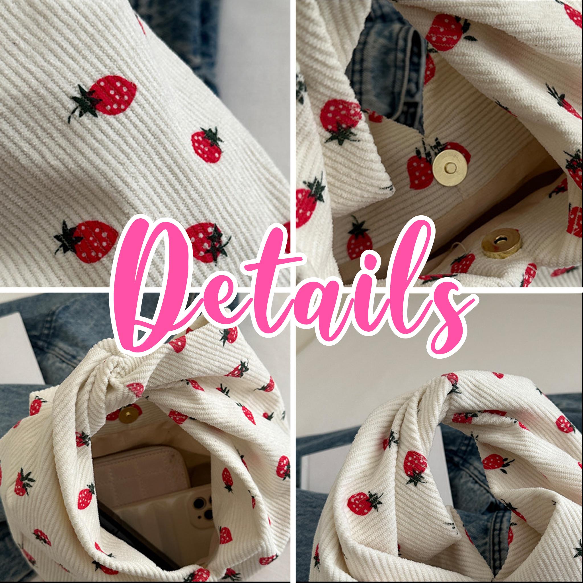 Corduroy Strawberry Knot Wrist Bag, Cute Mini Tote Bag for Women, Handmade Small Handbag, Casual Daily Pouch, Gift for Her view 7