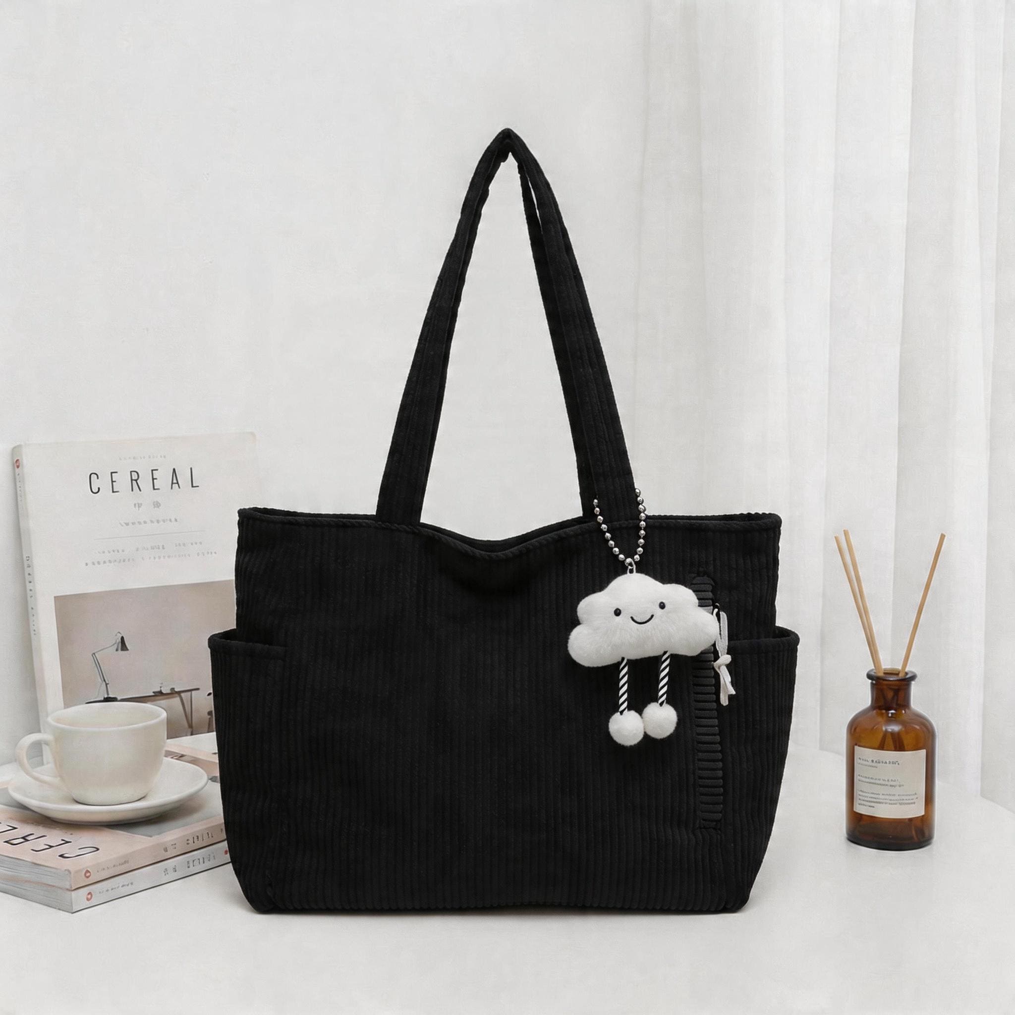 Soft Corduroy Shoulder Tote, Multi-pocket Large Handbag, Retro Daily Tote Bag, Perfect for School Work & Travel, Cute Cloud Accessory view 9